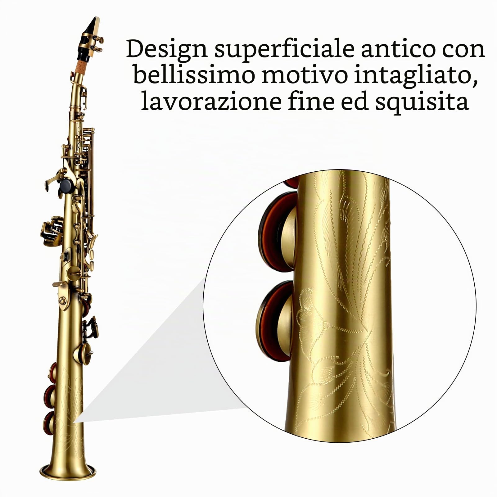 Sassofono dritto,Professionale Ottone Dritto Sib Soprano Sassofono Nichelato Sax Strumento a fiato Modello di intaglio con custodia per il trasporto Bocchino Kit di pulizia per ance Guanti Cing