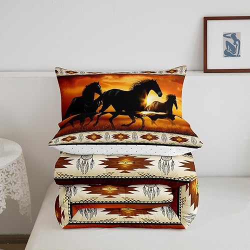 Miniatura 5 de Juego de edredón azteca marrón, juego de ropa de cama con estampado de caballo tribal africano, funda de edredón de animales de granja, colcha de