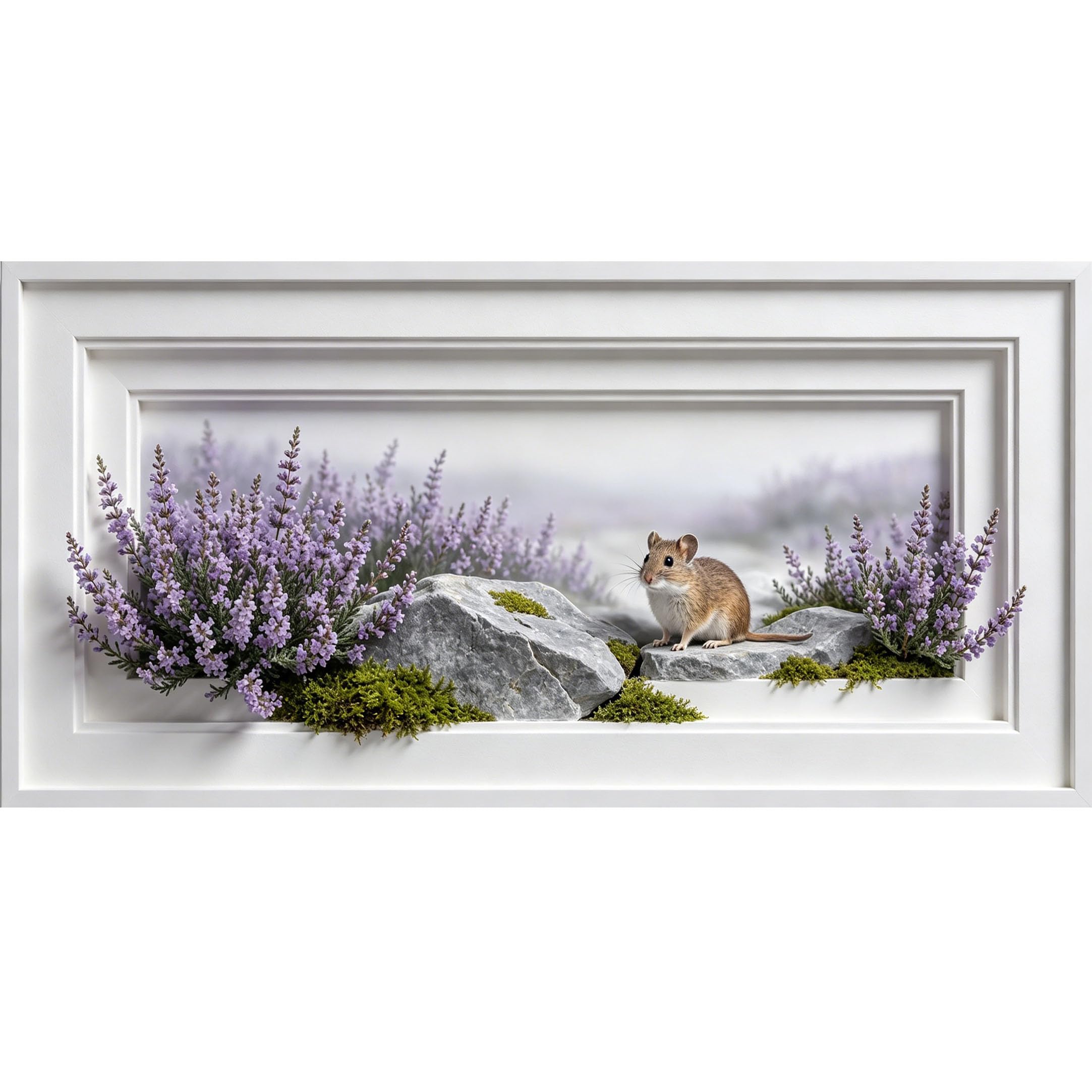 Agglomerix 3D Framed Wall Art Mouse on Rocks Lavender Botanical Landscape Large Size Self-Adhesive Removable Wall Decor Prints Artwork for Living Room Bedroom Office
