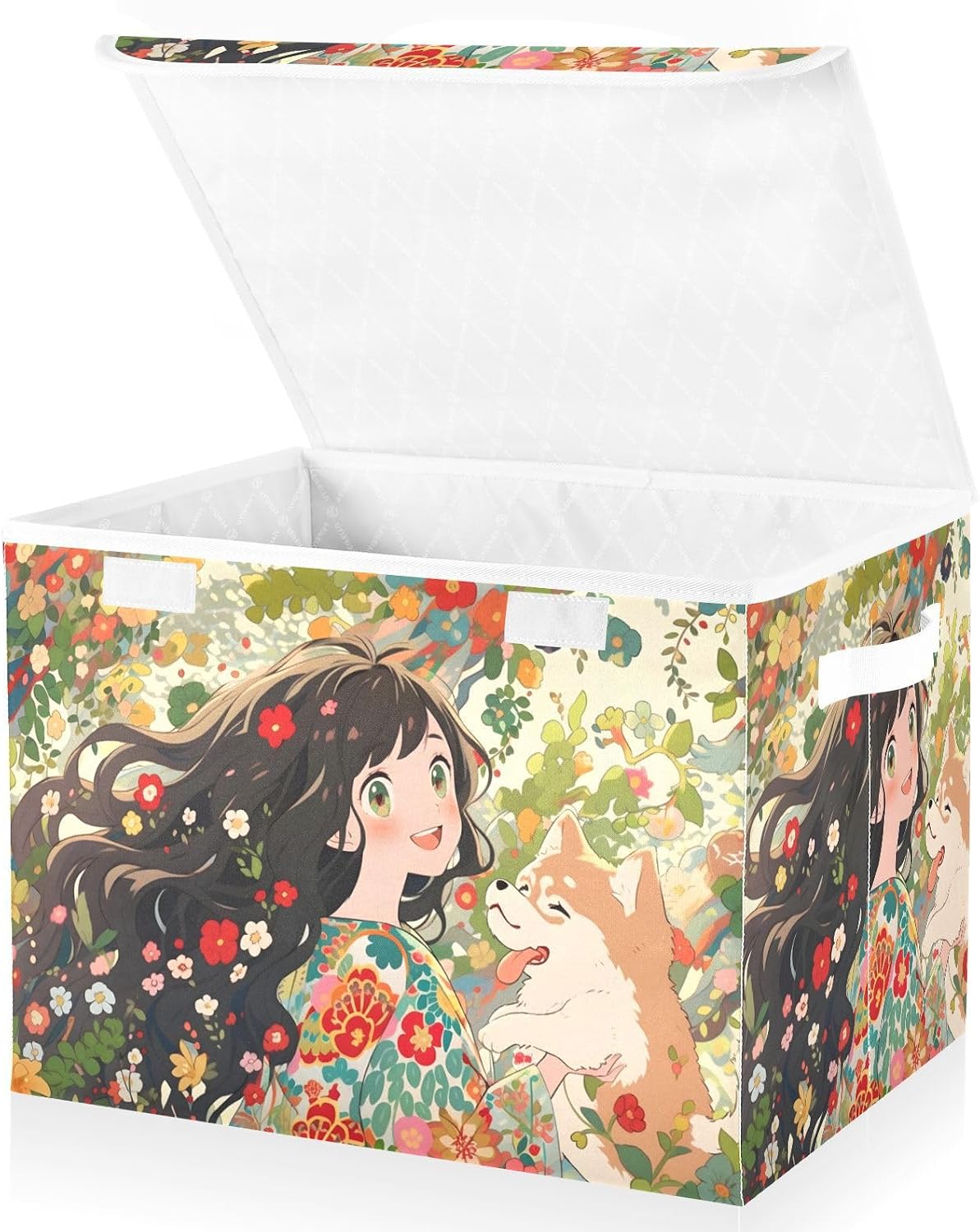 Anime Woman Fantasy Large Linen Storage Bins with Lid & Handle Foldable Storage Boxes Basket with Flip-Top Lid for Home Office 16.5” x 12.6” x 11.8”