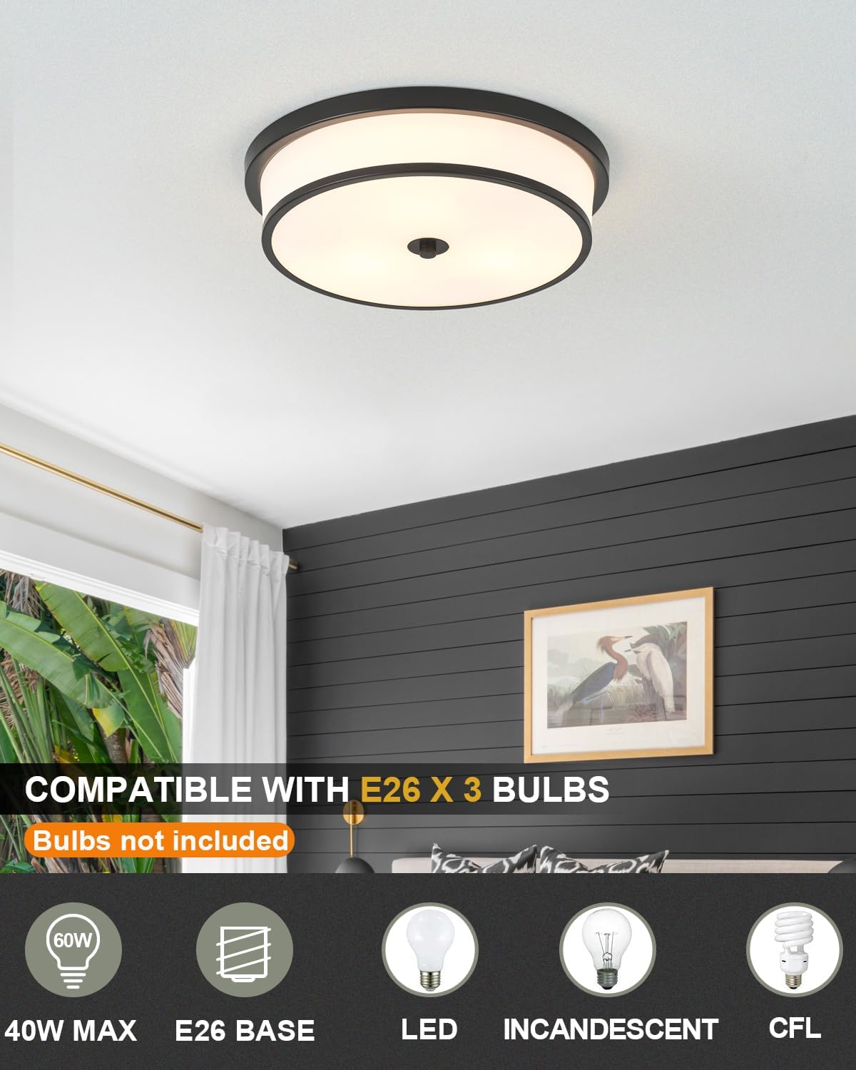 16 inch flush mount ceiling light, 3-light close to ceiling light fixtures with black finish for livingroom bedroom kitchen diningroom(black) 16 inch black