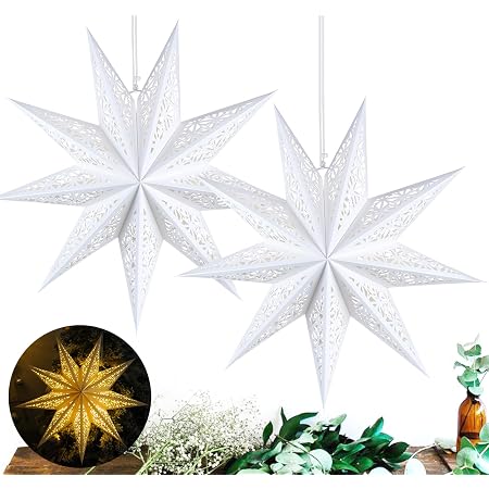 HOUISM Weihnachtsstern Papier-Laternen Set - 3 Stück, 45 Cm, Weiß, Mit LED-Lichtern, Aus Kraftpapier