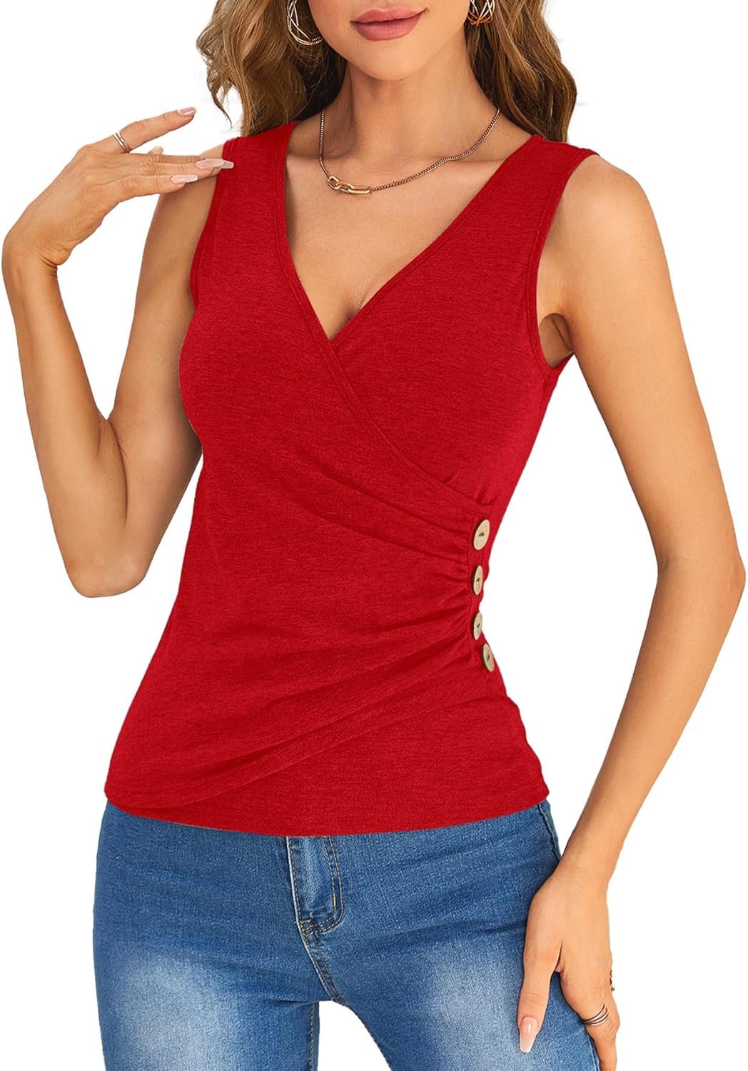 SweatyRocks Women's Wrap Ruched Tank Tops V-Neck Solid Button Design Slim Fit Casual Holiday Summer Tee Tops - Image 7