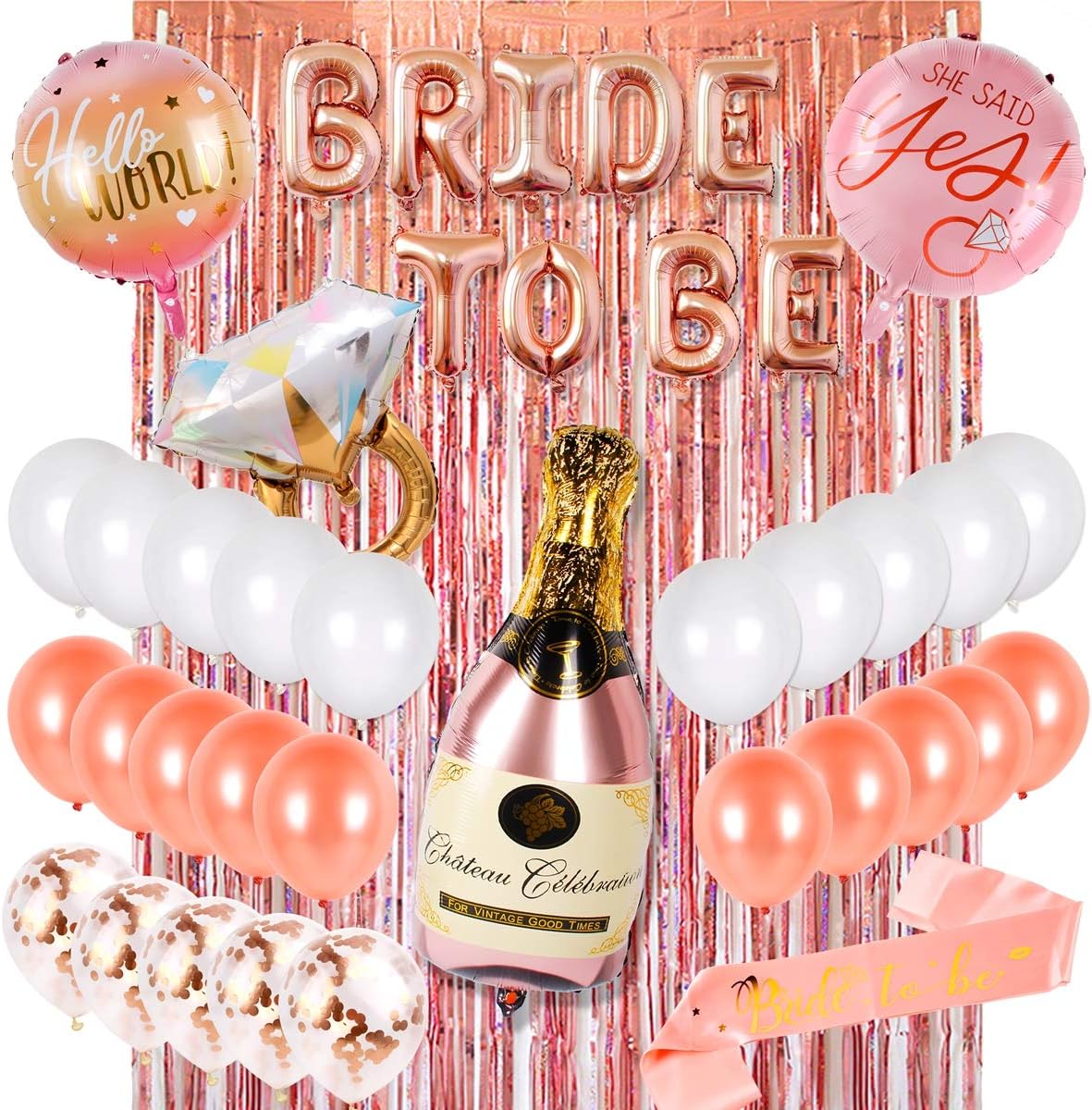 Bachelorette Party Decorations Kit – Bridal Shower Balloon Kit, Bride to BE Foil Balloon and Sash, Champagne Bottle, Ring Balloon, Metallic Foil Curtains, Latex Balloon for Bridal Shower Decorations