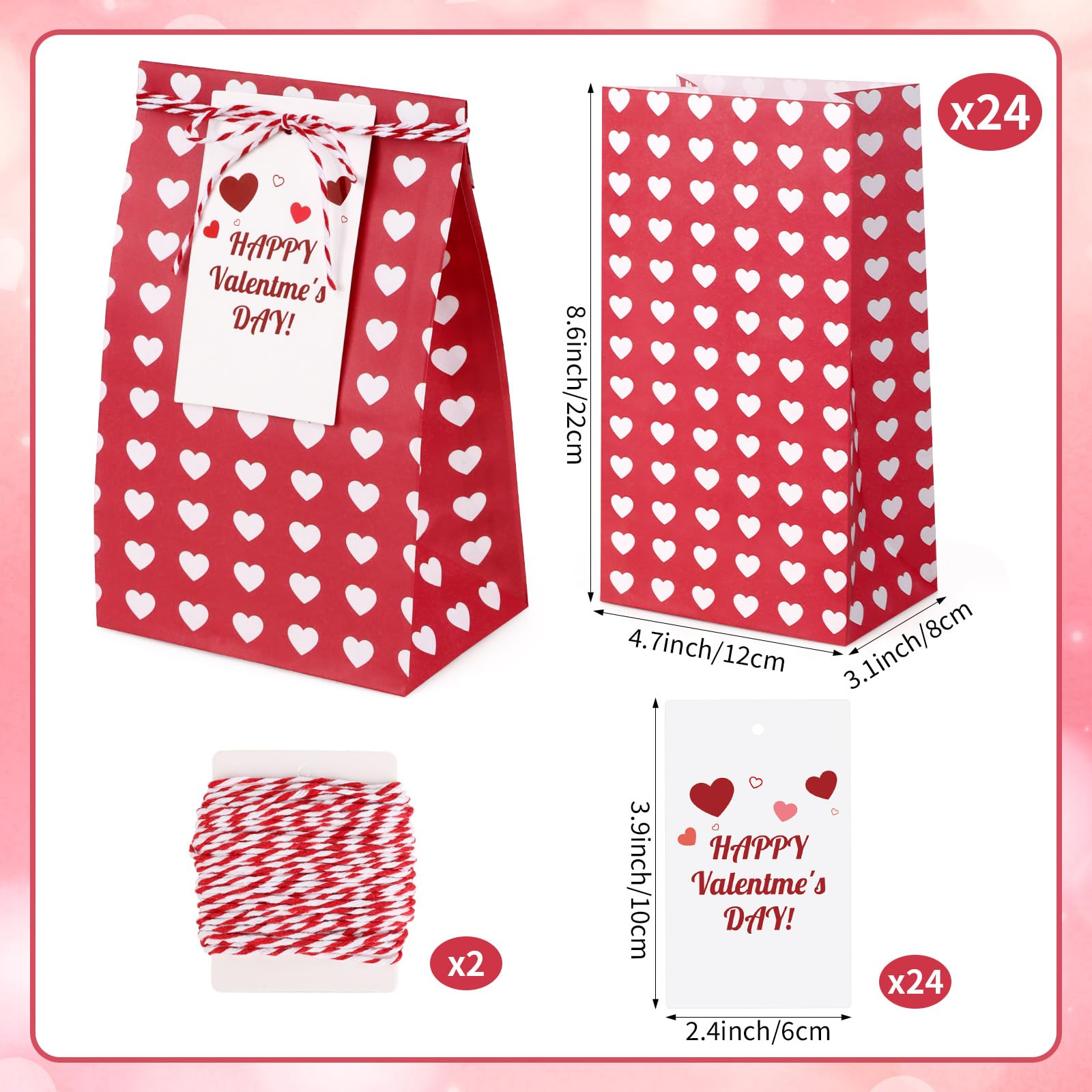 Abilat 24 Pack Valentines Gift Bags with Cards Valentine Gift Treat Bag Mini Goodie Bags for Valentine's Day Gifts Wrapping Party Favors, Classroom Exchange Prizes