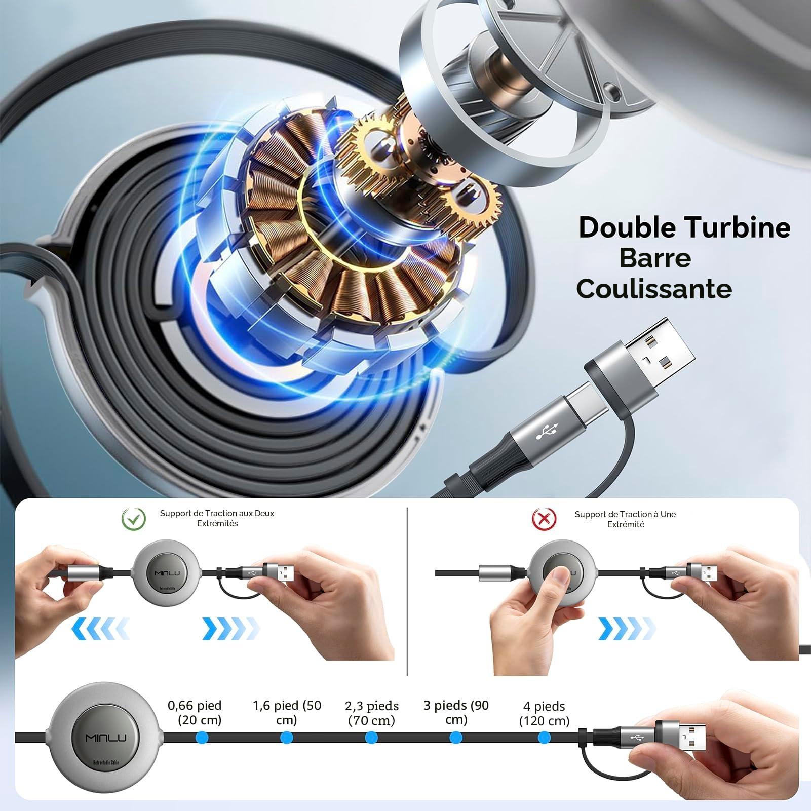 Minlu Câble de Charge 6 en 1, 1,2m Rétractable Cable Chargeur Multi Embout, Câble de Charge Rapide USB C avec Lightning Transfert de Données, Câble Multi USB pour iPhone,Android,Galaxy,Tablet