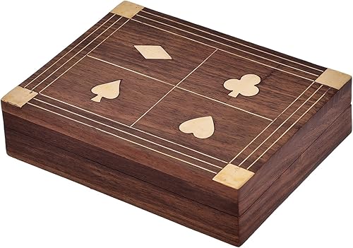 Miniatura 3 de Ajuny Caja decorativa hecha a mano de madera de doble cubierta para cartas, estuche organizador de latón con incrustaciones de latón con 2 paquetes