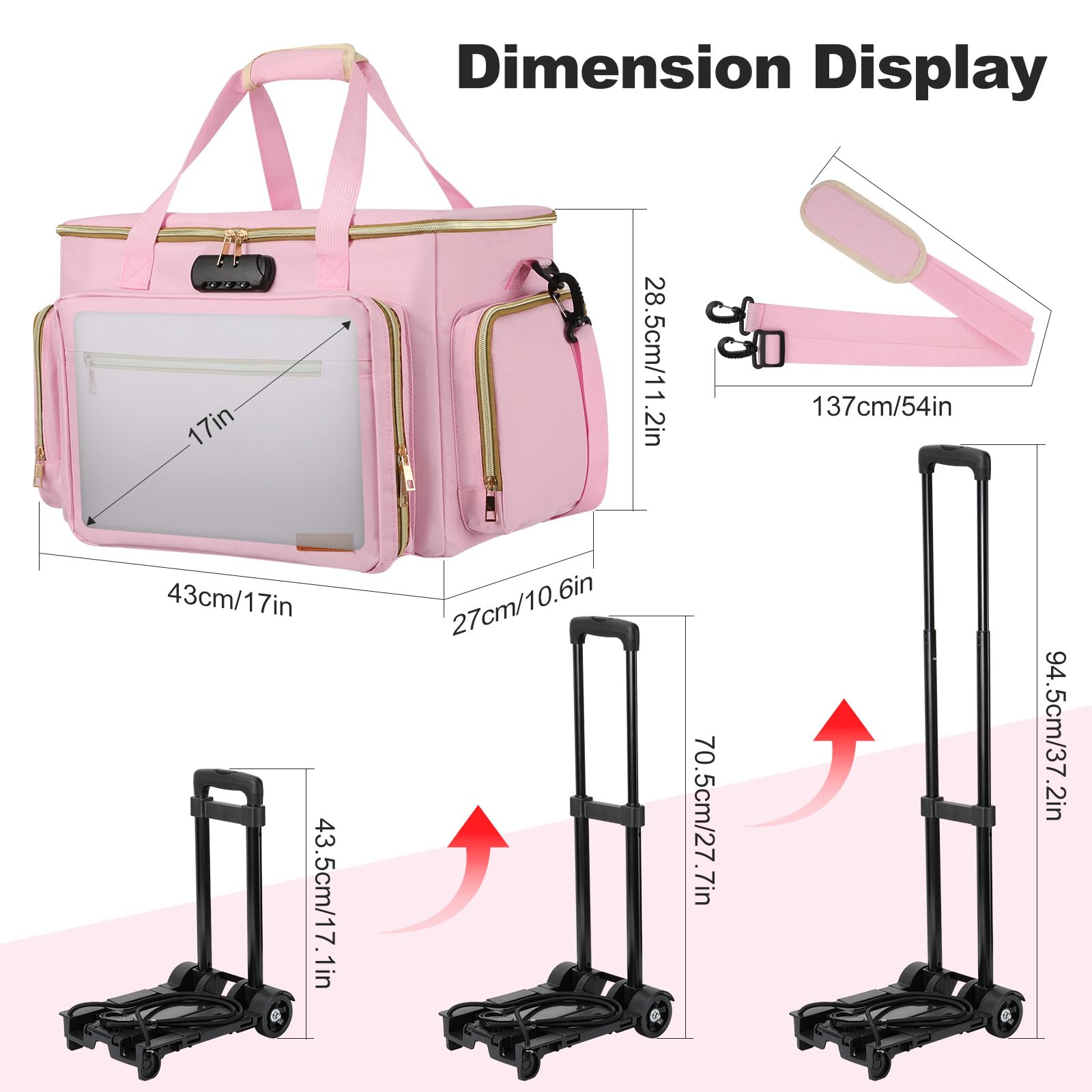 Housolution Bolsa para Maestros con Ruedas, Tote con Carro Desmontable, Estuche Portátil con Ruedas para Trabajo, Maletín con Organizador de Archivos Acordeón, Compatible con Laptop de 15,6", Rosa