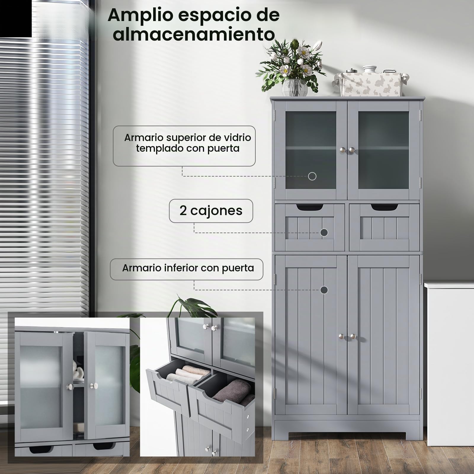 GIANTEX Mueble de Baño con 4 Puertas, Armario de Suelo con 2 Cajones y 2 Estantes Ajustables, Kit Antivuelco, 60 x 30 x 128 cm, Mueble de Almacenamiento para Salón, Dormitorio (Gris)