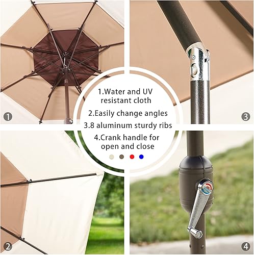 Miniatura 6 de Aoodor Sombrilla de patio de 10 pies, sombrilla de mesa para exteriores, sombrilla de mercado con 3 niveles, beige y marrón y café