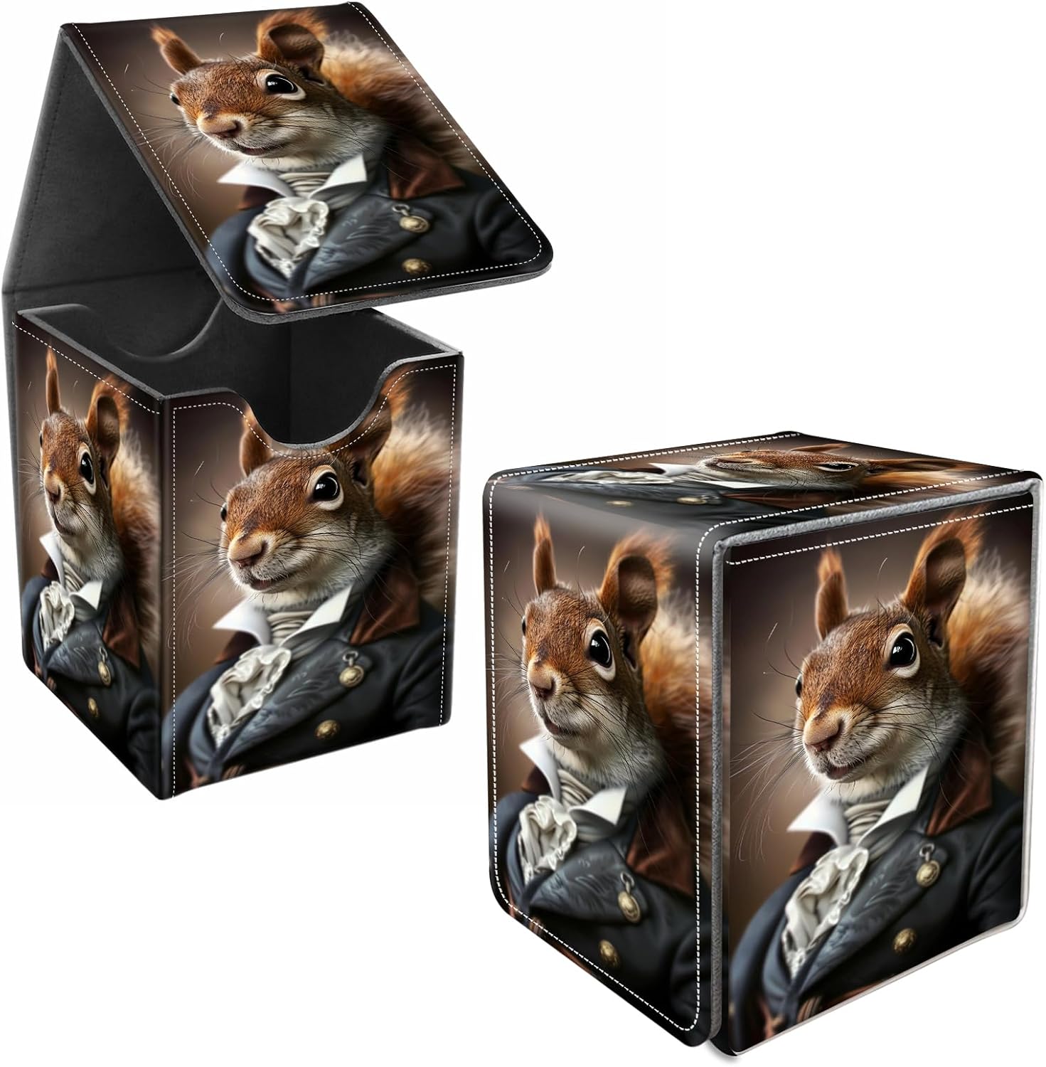 Card Deck Box, Card Storage Box Fits 100+ Single Sleeved, Large Capacity PU Leather Card Storage Box with Strong Magnet for Magic Commander TCG CCG, Squirrel