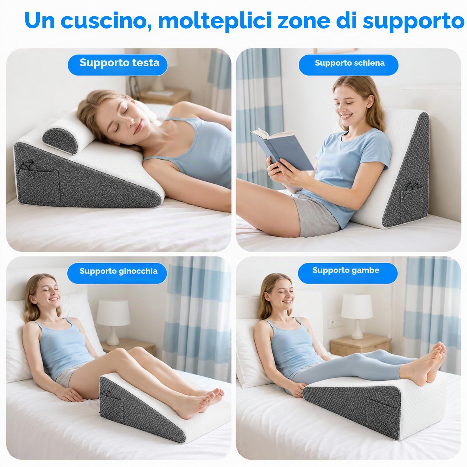 Cuscino a cuneo in memory foam, cuscino triangolare inclinabile con cuscino cervicale, lavabile, per collo, gambe, schiena, dormire, lettura, post recupero gravidanza