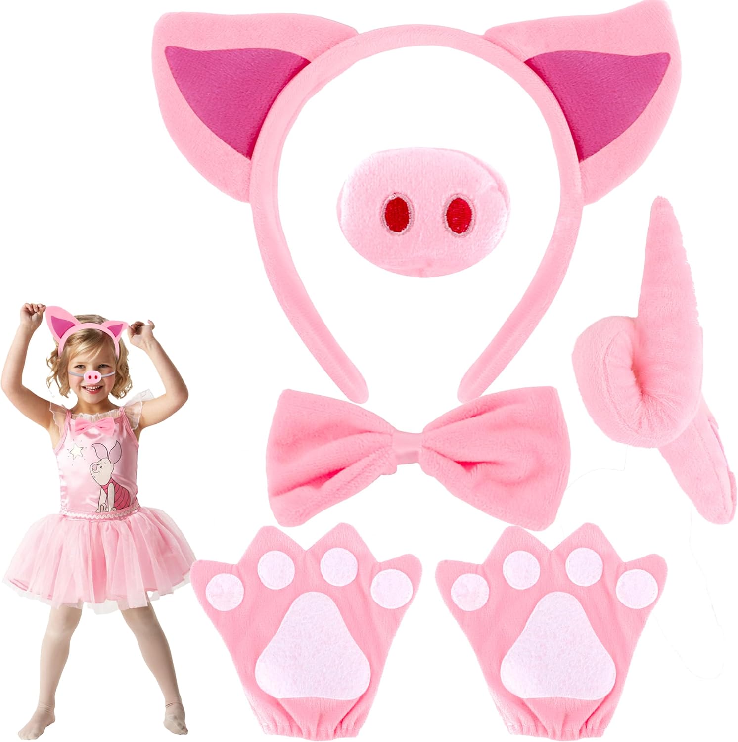 Pink Pig Costume Set Fuzzy Pig Ears Nose Tail Hooves Gloves Bowtie Kit Animal Circus Costumes Dress Up Cosplay Decoration Cute Piglet Ears Piggy Ear Headband