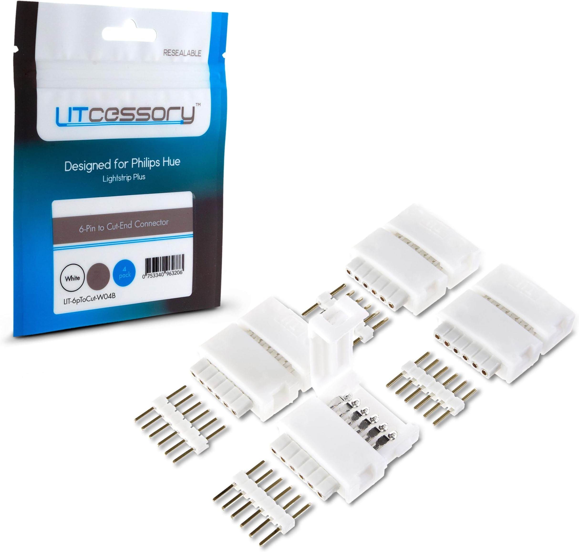 6-Pin to Cut-End Connector for Philips Hue V3/WiZ Lightstrip | Standard 6-Pin, 4 Pack, White. Not compatible with Flux.