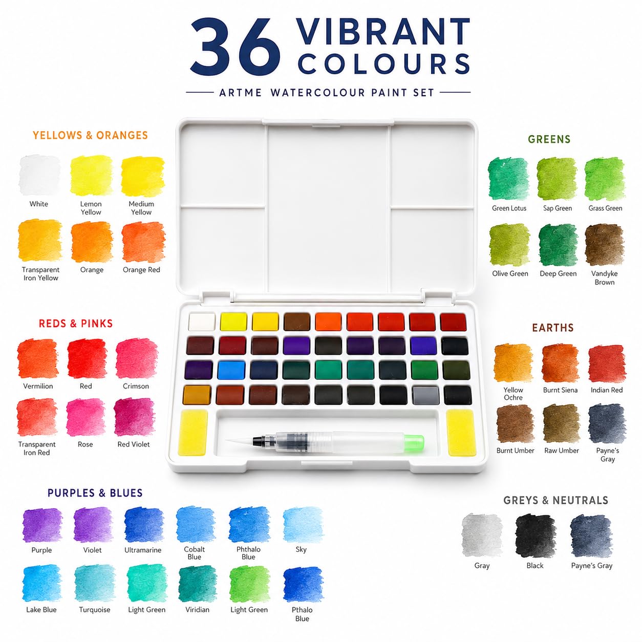 Artme Acquarelli/Set per pittura ad acquerello con cubo in custodia da trasporto con pennello - 36 colori vivaci, fornitura artistica essenziale.