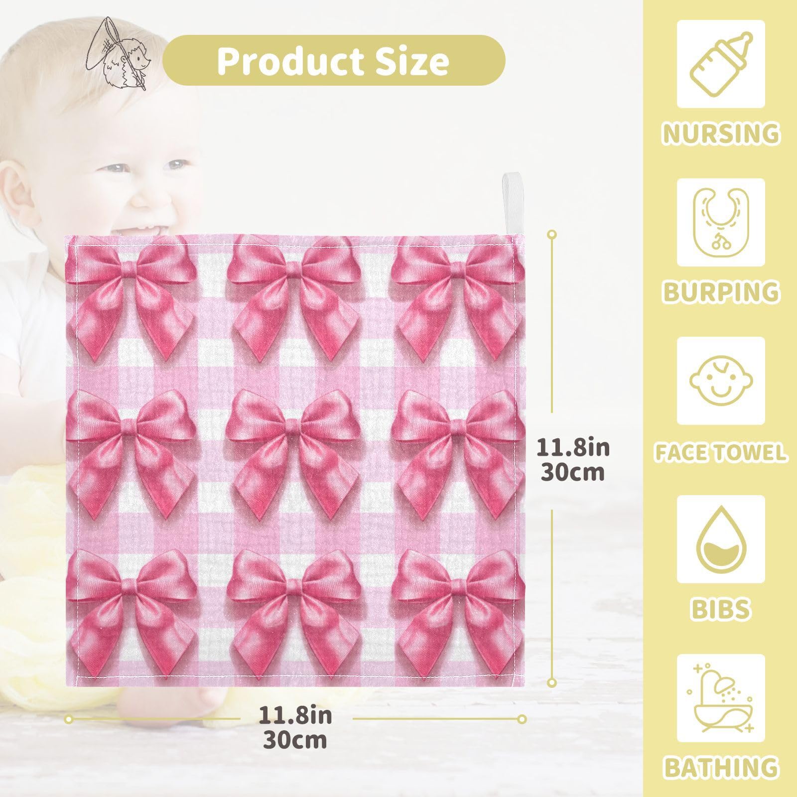Kigai Cute Pink Bows Baby Washcloths,3pcs Ultra Soft Absorbent Towel,Newborn Bath Face Towel, Natural Reusable Baby Wipes for Sensitive Skin, Baby Registry as Shower