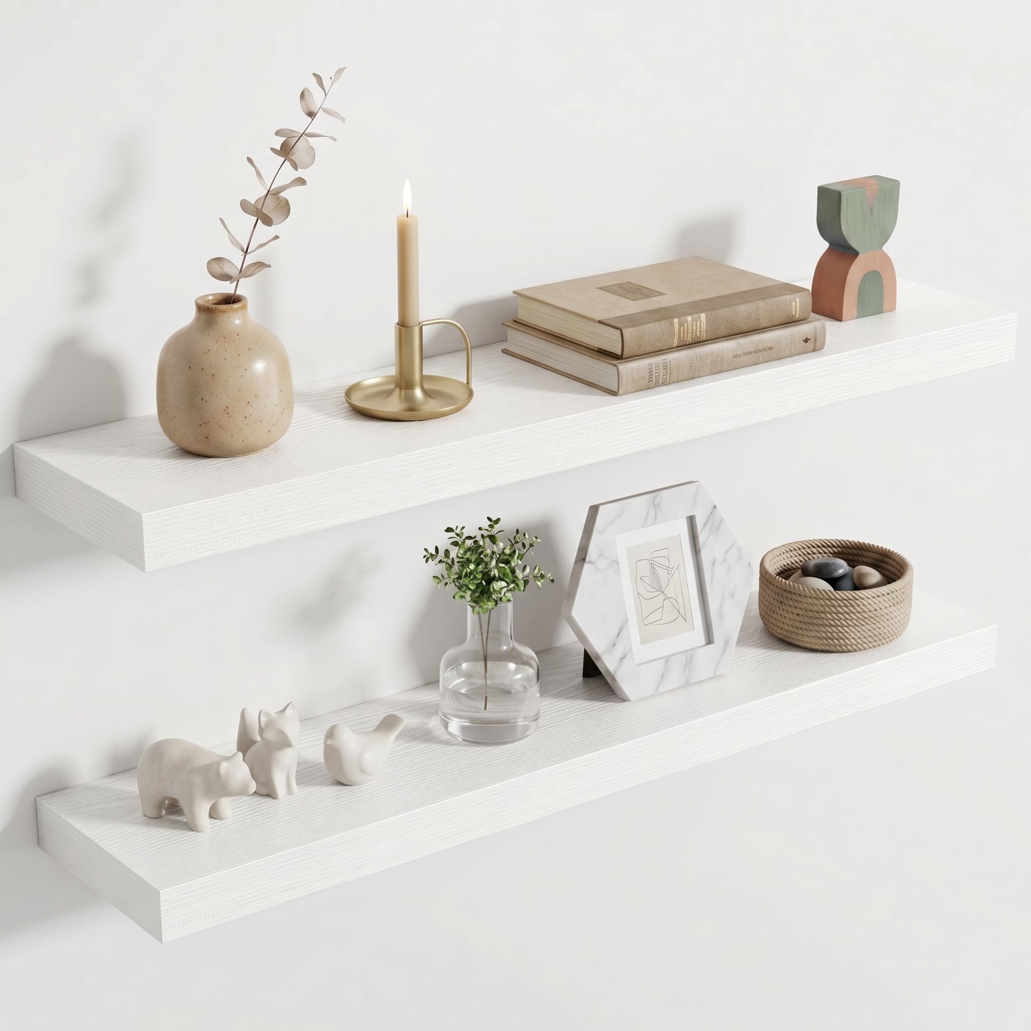 Acovy Floating Shelves for Wall, Extra Thick 80cm Long Wooden Wall Mounted Shelf, Wall Shelves for Living Room Bathroom Bedroom Kitchen, White, Set of 2