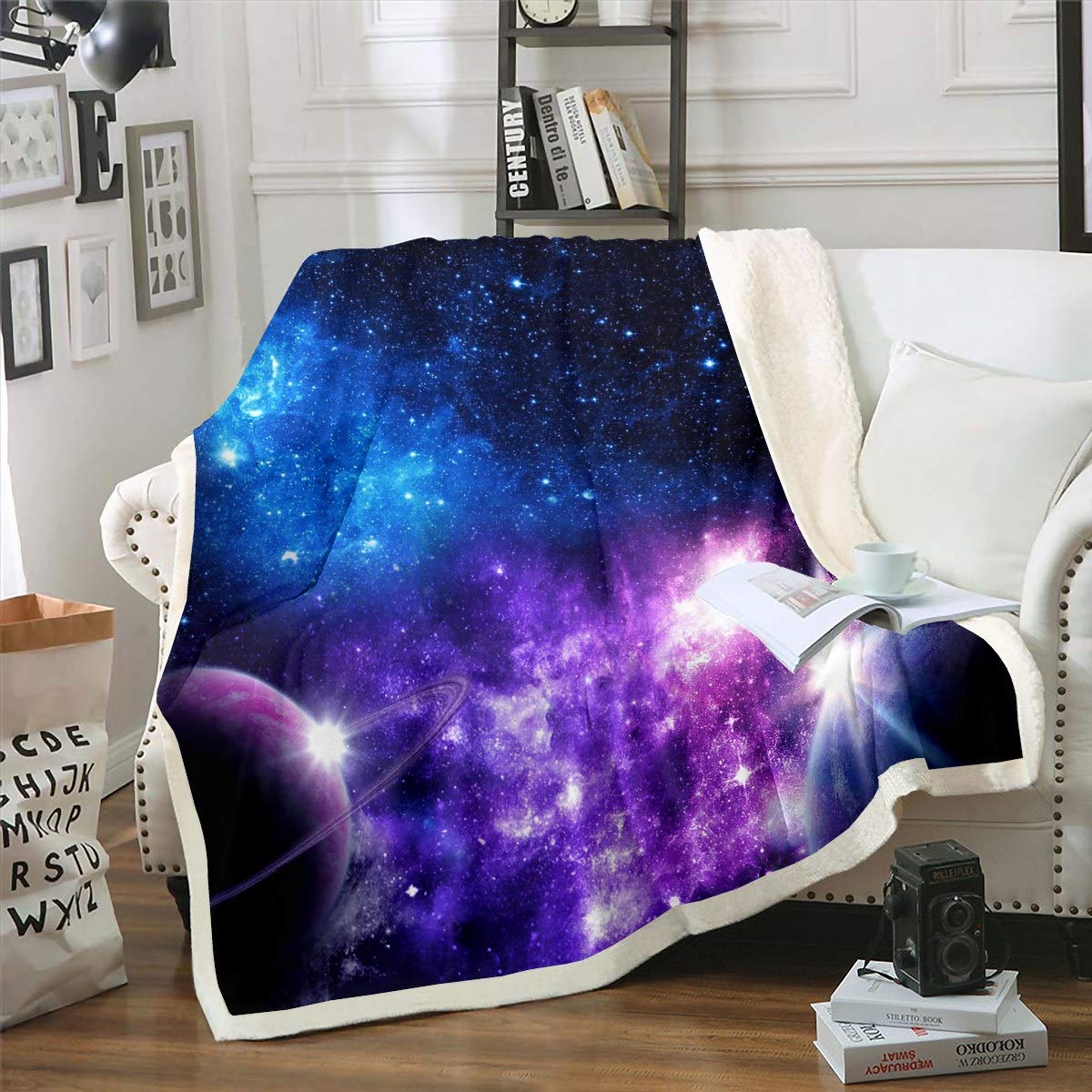Loussiesd Girls Galaxy Fleece Sherpa Blanket for Sofa Couch Purple Blue Starry Sky Plush Throw Blanket Universe Planet Fuzzy Blanket Room Decor Outer Space Milky Way Flannel Blanket Single 50"x60"