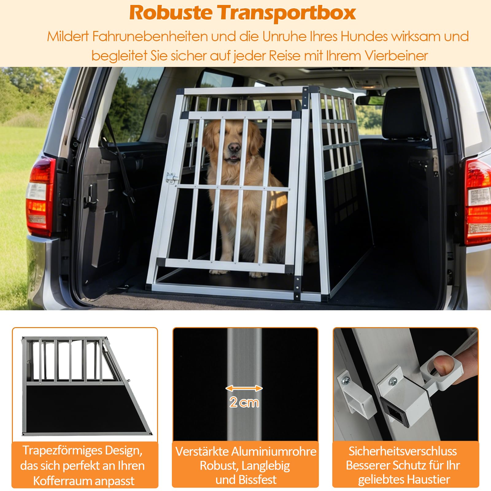 GYMAX Transportín de Aluminio para Perros Gatos, Transporte para Coche Mascotas con Cerradura, Estructura de Metal, Caja de Transporte Robusto y Fácil (91 x 65 x 69,5 cm)