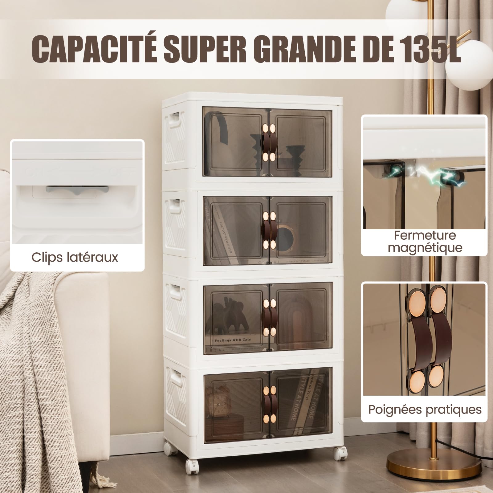 COSTWAY Boîte Rangement Plastique 165L, 4 Caisses Pliables + 1 Couvercle Supérieur, 4 Roulettes, Boite Empilable pour Vêtement, Livres, Jouets, Poignée, Porte Magnétique, Caisse pour Chambre