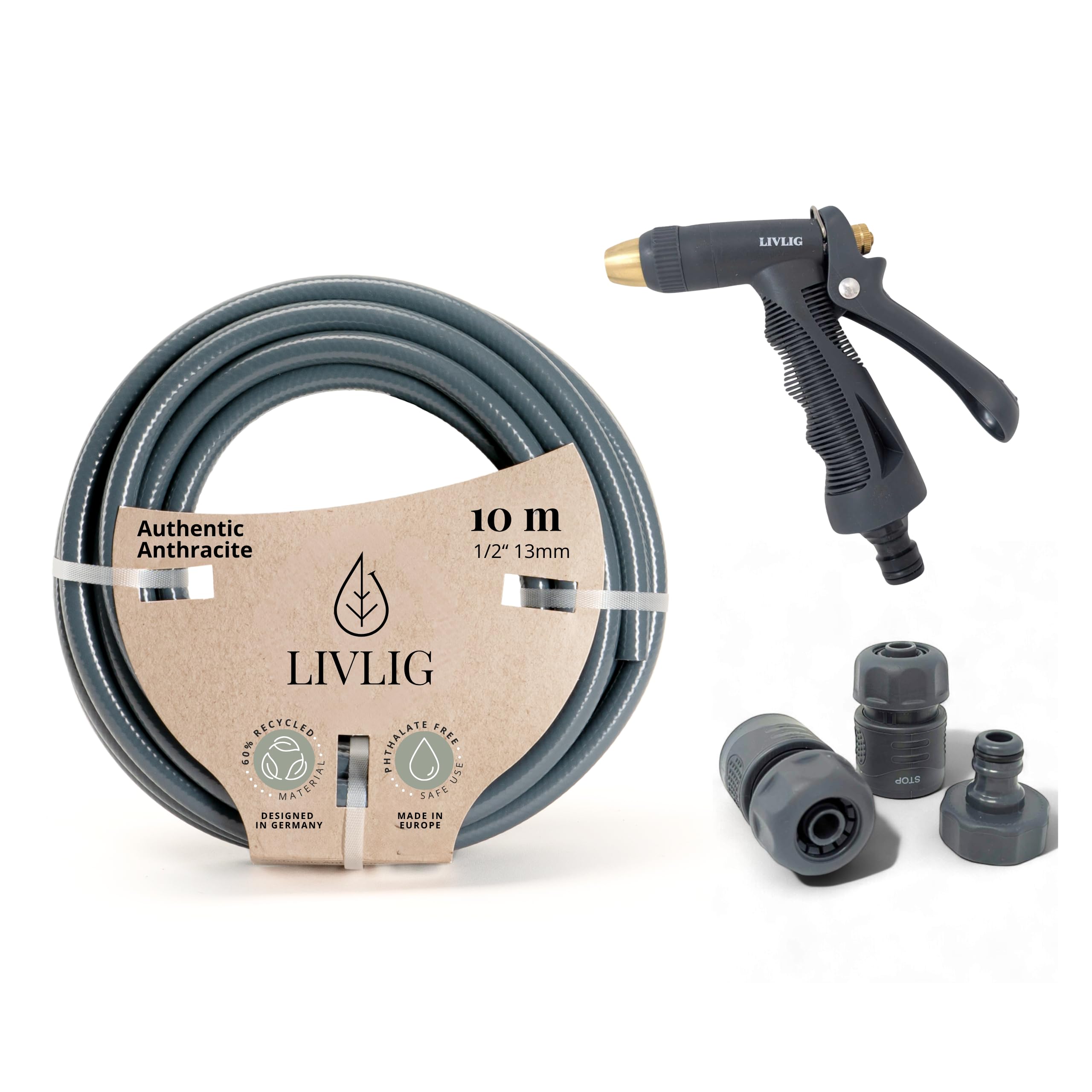 LIVLIG Set tubo 10 m 1/2" – tubo resistente UV e anti‑piegatura con pistola e raccordi (G3/4, stop 1/2, rapido) – Antracite