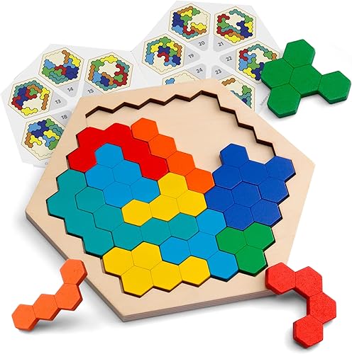 Coogam Rompecabezas hexagonal de madera para niños y adultos bloque de patrón de forma tangram juguete de avance cerebral lógica juego de