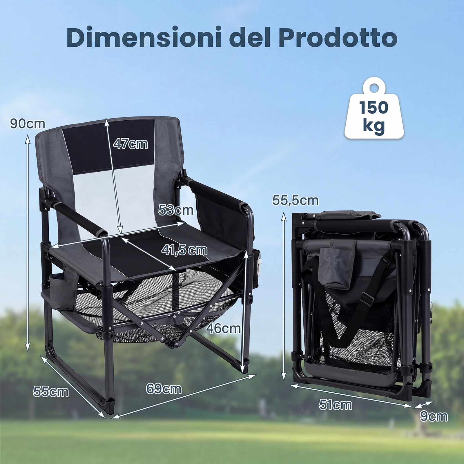 COSTWAY Sedia da Regista Pieghevole, Sedia da Campeggio in Metallo con Portabicchiere, Apribottiglie, Tasca Laterale e Rete Portaoggetti per Eventi Sportivi e Pesca, Portata 150 kg (Nero,1)