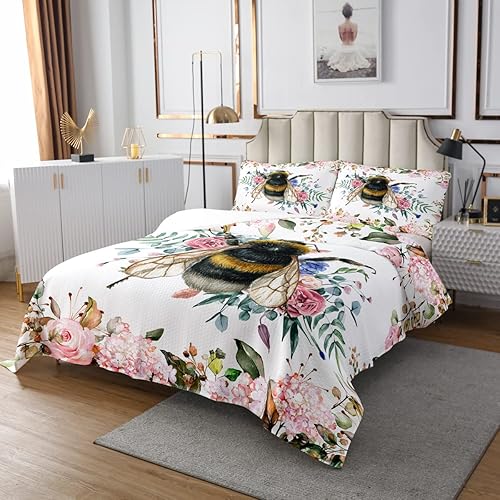 Miniatura 2 de Erosebridal Juego de edredón para niños con bonito diseño de animales y abejas dulces, juego de ropa de cama floral rosa y rosa, juego de colcha con