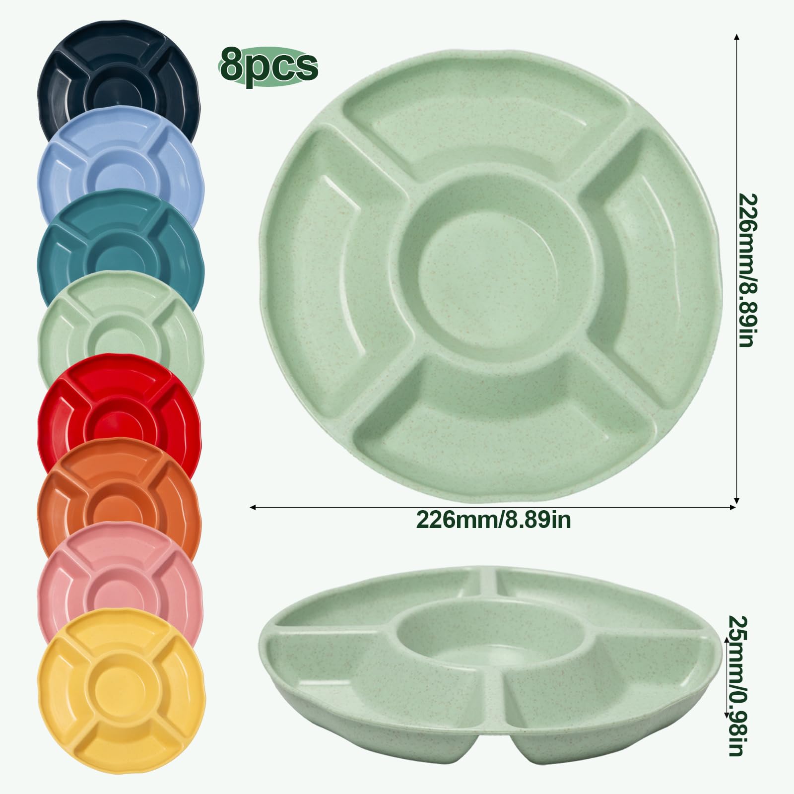 8 Pezzi Plastica Piatti Snack con 5 Scomparti Vassoio per Snack con Scomparti Piatti con Scomparti Riutilizzabili Antipastiera Aperitivo per Noci, Caramelle, Dessert 8 Colori, 23 x 2,5 cm