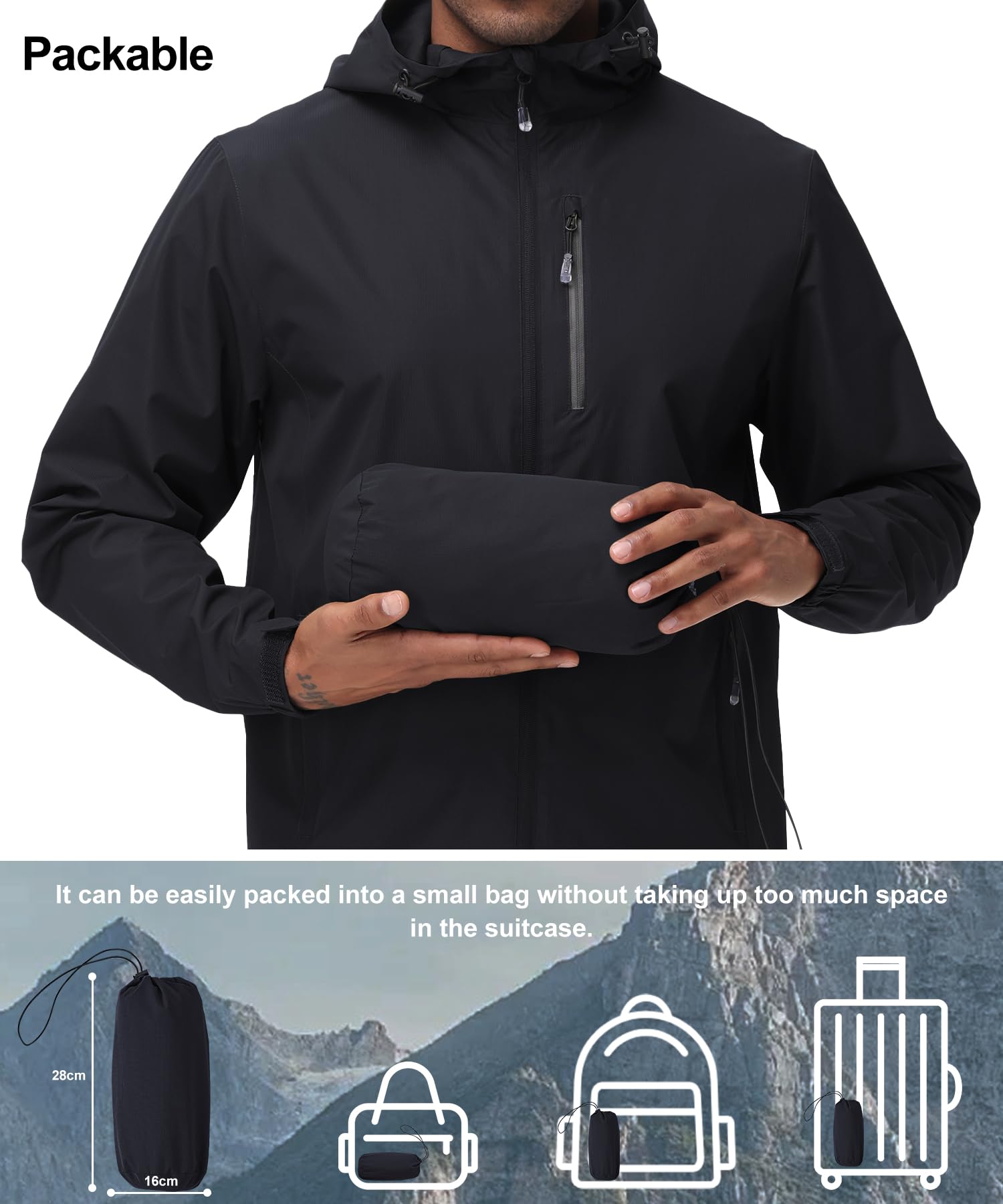 Huayuzh Chaqueta impermeable para hombre, para exteriores, ligera, plegable, resistente al viento, softshell para senderismo, camping