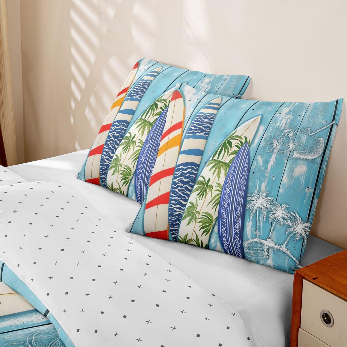 Homewish Tropisches Surfbrett Microfaser Bettwäsche 135x200 4teilig | Holzplanke Bettbezug Palme Strand Küste Bettwäsche Set Coole Kokosnuss Saft Bettset Weich