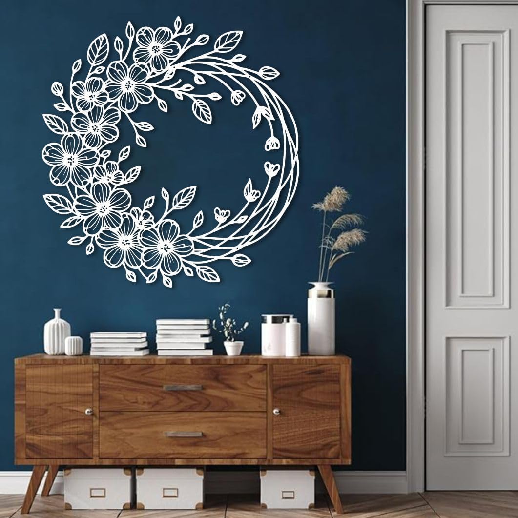 sawjug Flower Wreath Metal Wall Art, Metal Flower Wall Decor, Floral Wall Decor for Living Room, Bedroom, Entryway (Black,24"x22" / 60x57cm)