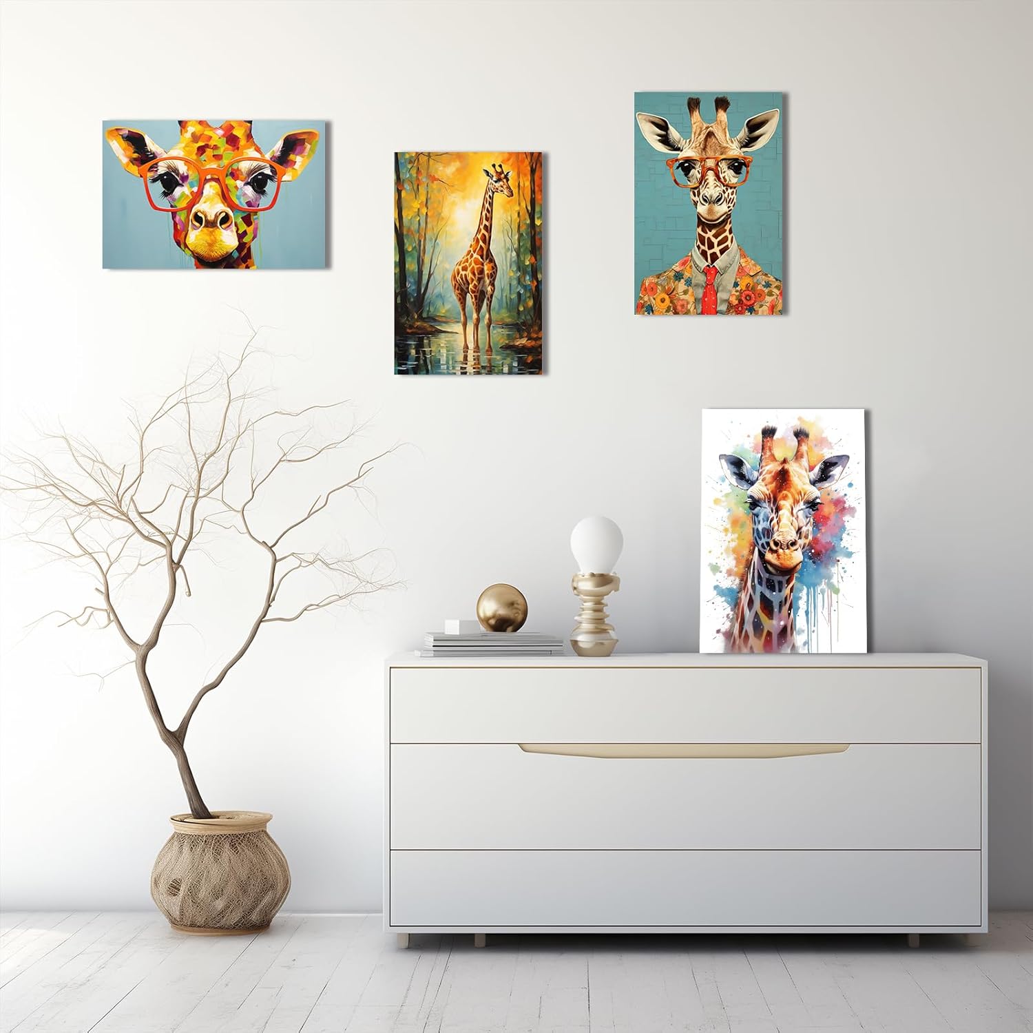LZIMU Giraffe Canvas Wall Art Cute Giraffe Wearing Glasses Poster Prints Colorful Wild Animal Paintings for Kids Room Nursery Decor Framed(Picture-3, (12.00" x 18.00"))