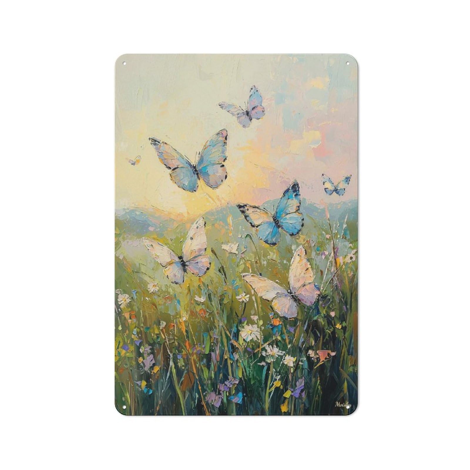 Junmoney Style-12-1 Tin Wall Plaque 30X20cm With Morning Whispers Butterfly Meadow At Sunrise For Kitchen Or Home Bar, For Vintage Wall Decor Fans, For Garage And Workshop Walls