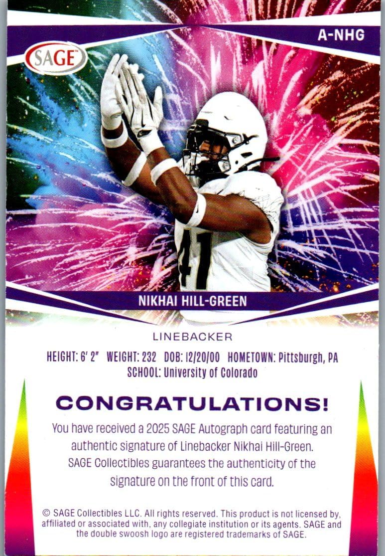 Nikhai Hill-Green Autographed Authentic Signature Collectible Football Card - 2024 Sage Football Card #A-NHG (Colorado)