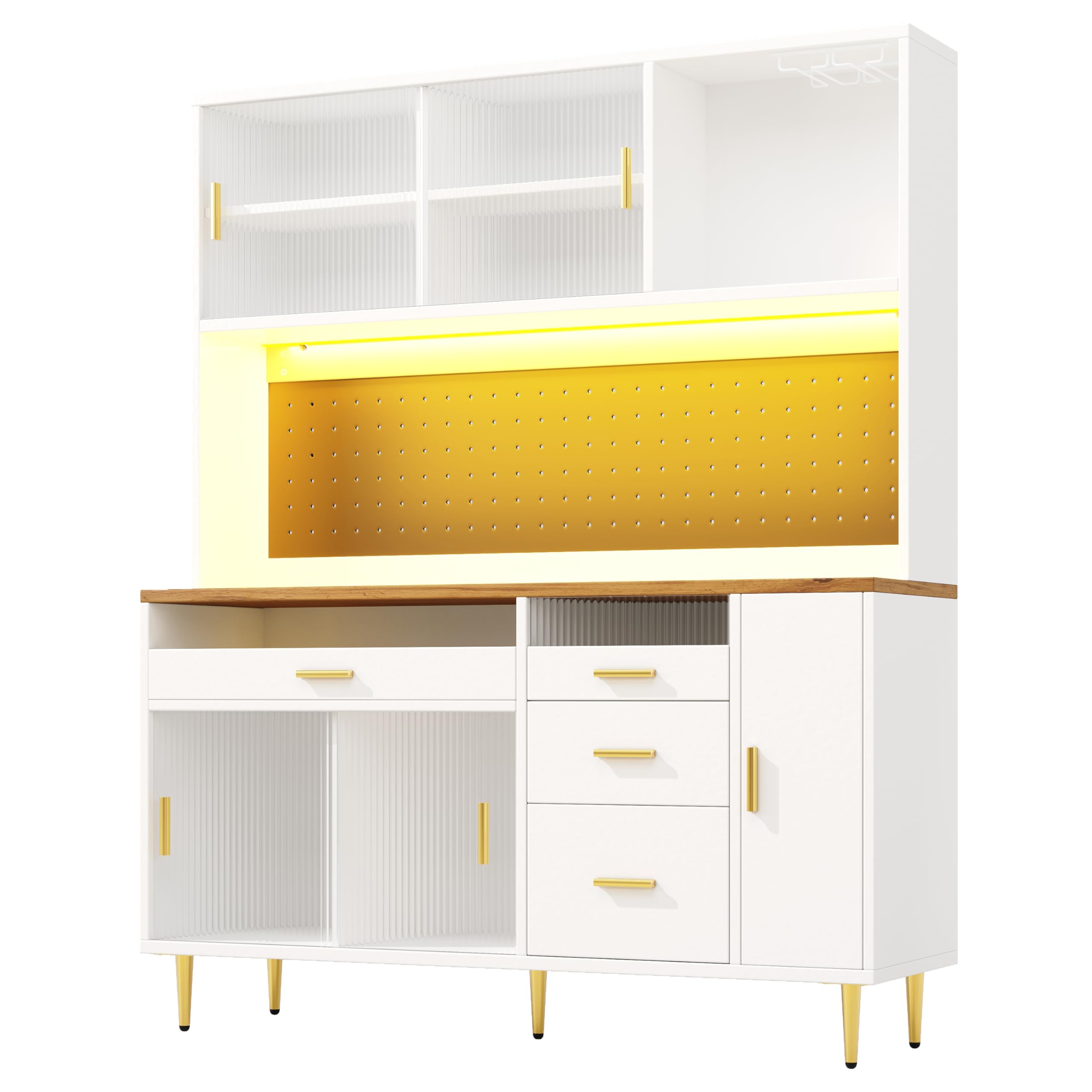 Armadio da cucina, vetrina, con illuminazione a LED, armadio alto con mensole forate, armadio da bar con porta bicchieri di vino e spazio di archiviazione, per cucina e sala da pranzo (bianco