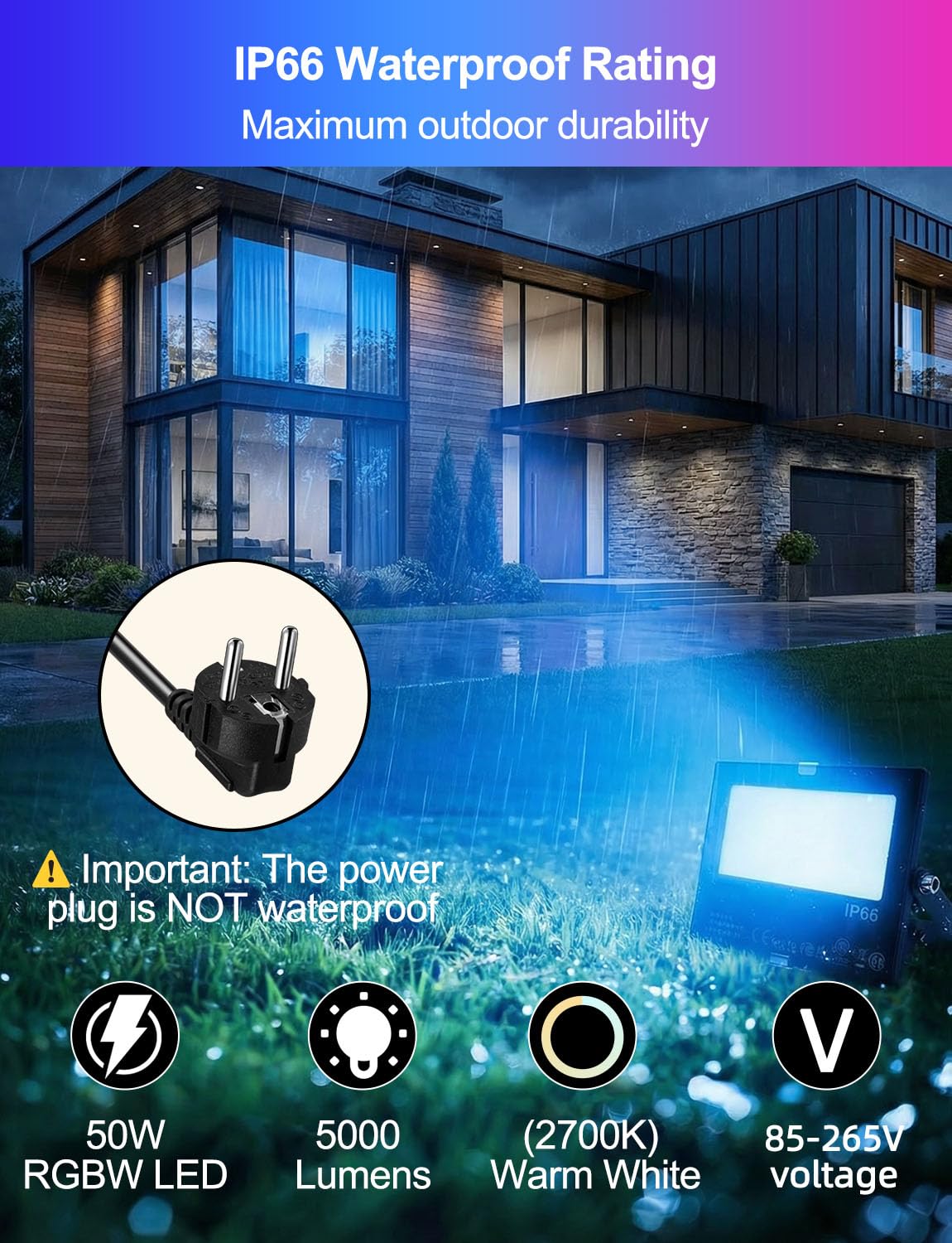 HEKEE Projecteur LED RGB 50W Bluetooth IP66 Etanche Extérieur 2 Unités