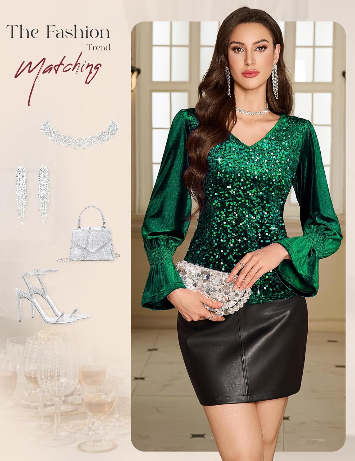 HomRain Womens Long Sleeve Sparkle Velvet Top Casual Shirts V Neck Glitter Night Out Tops for Elegant Evening - Image 6