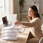 4-Tier Paper Organizer for Desk, Acrylic Paper Tray Organizer | Stackable Clear, Paper Letter Tray with Pen Holder, Desktop Organizer for Documents, Office Supplies