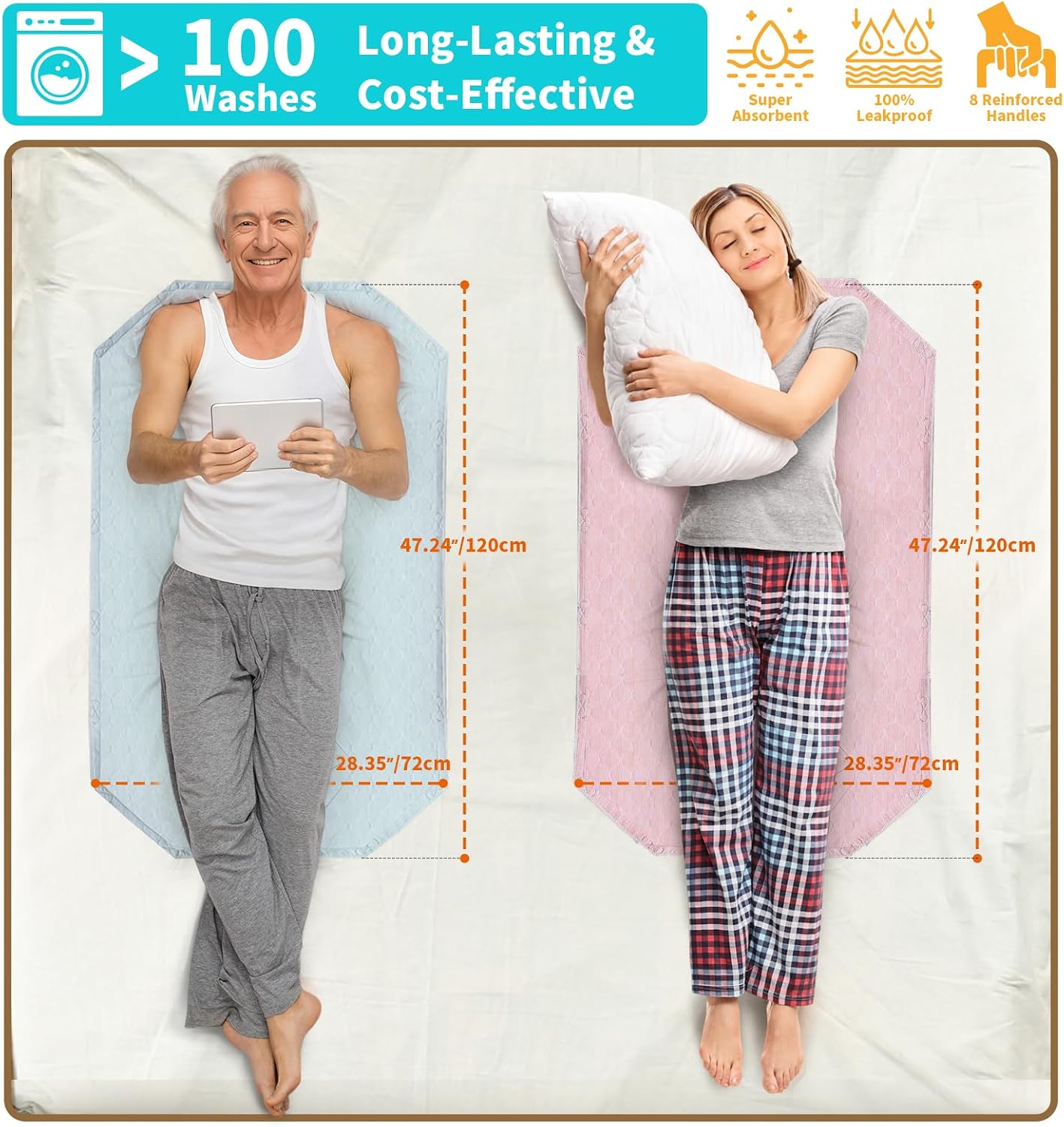 Washable Waterproof Bed Pads for Incontinence Adults, Reusable Absorbent Underpads with 8 Handles, Quick-Dry Mattress Protector for Bed Wetting (Preen with Handles, 27''X47'')