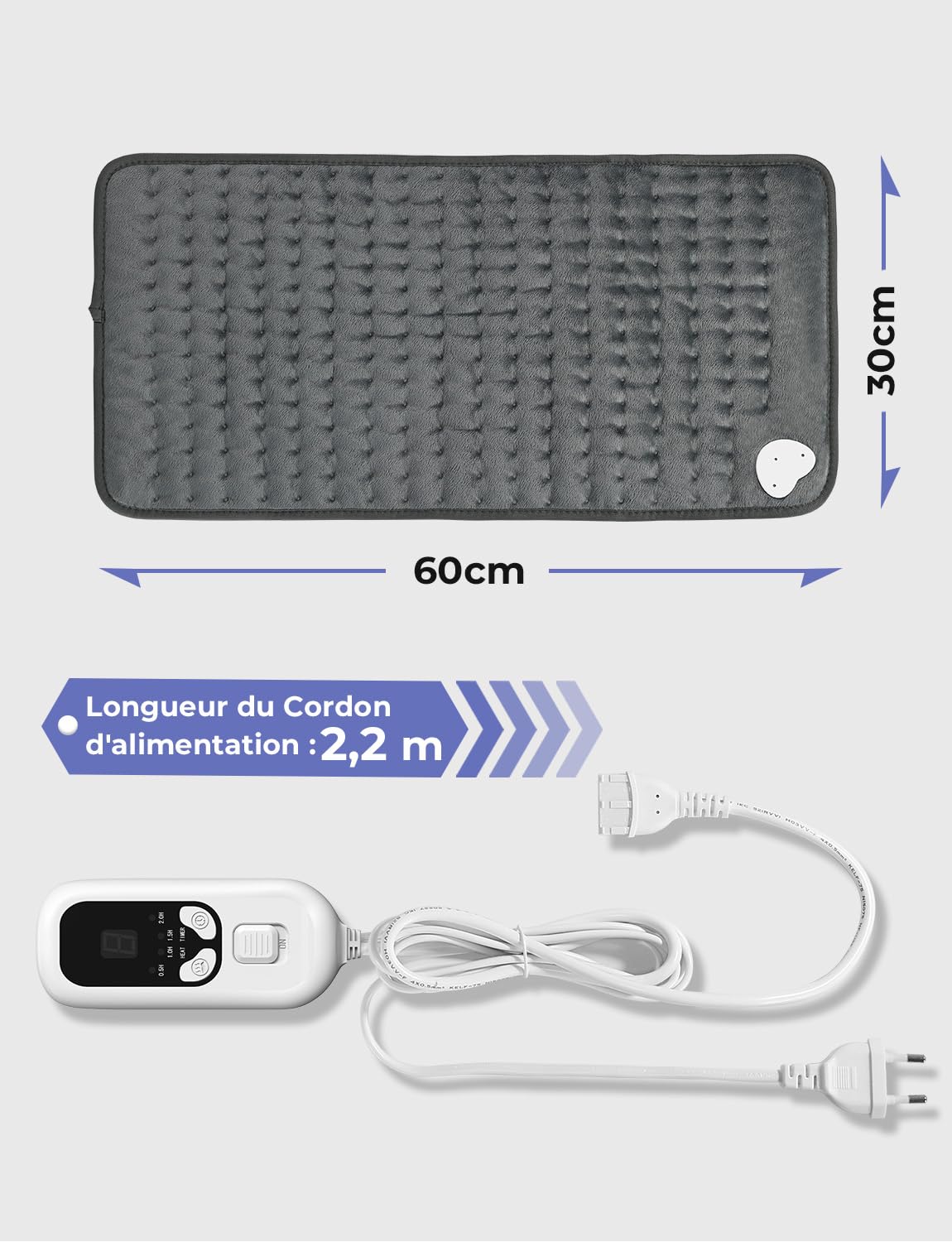 Coussin Chauffant Électrique pour Dos Épaules Abdomen 6 Niveaux de Température 4 Réglages de Minuterie Chauffage Rapide Arrêt Automatique Lavable en Machine (Gris Foncé, 60 x 30cm)