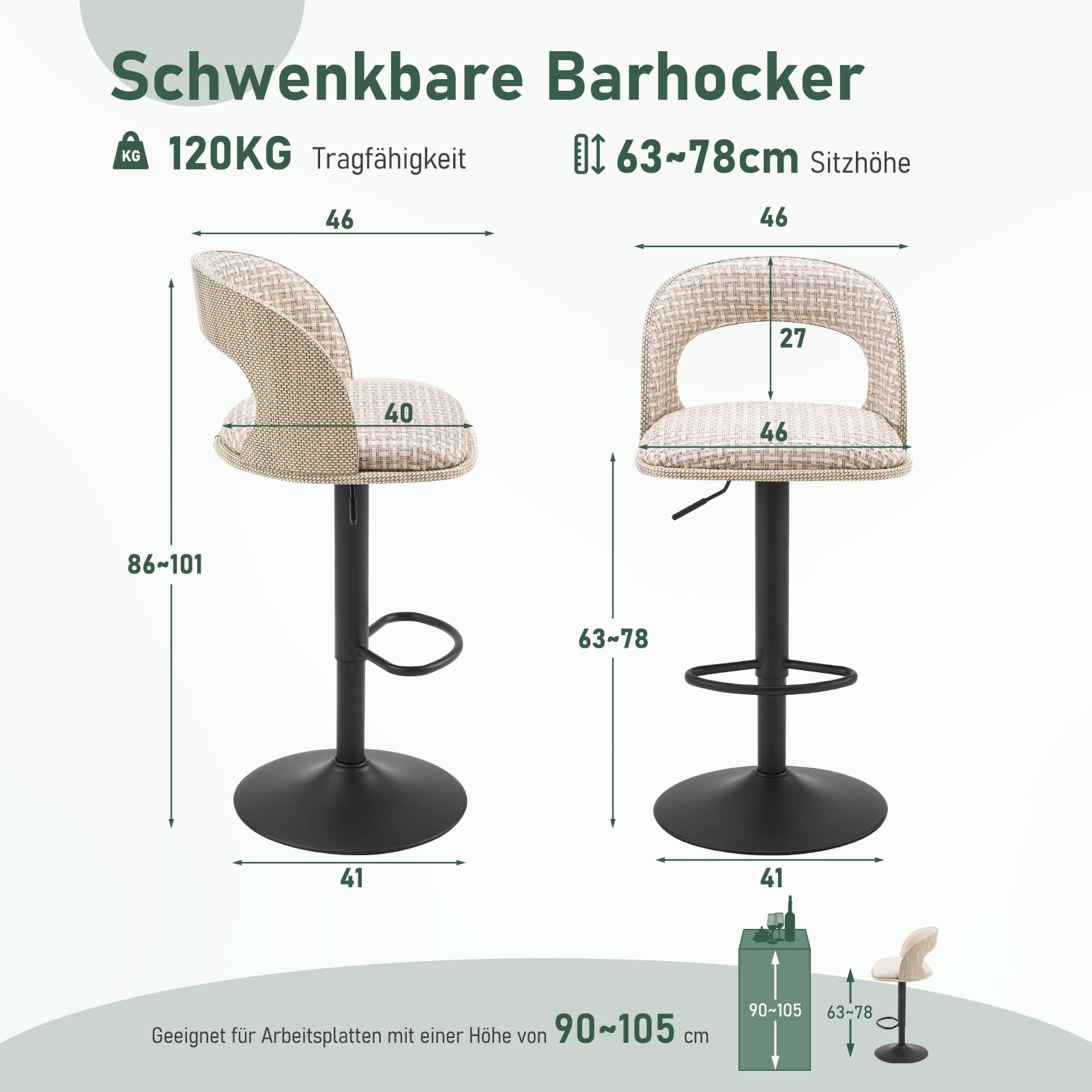 2er-Set Barhocker für den Außenbereich mit Schutzhüllen wasserdicht, höhenverstellbar, mit hohler Rückenlehne, drehbar, für Garten und Terrasse, wetterfester Textilene-Stoff, Leinen-Karomuster