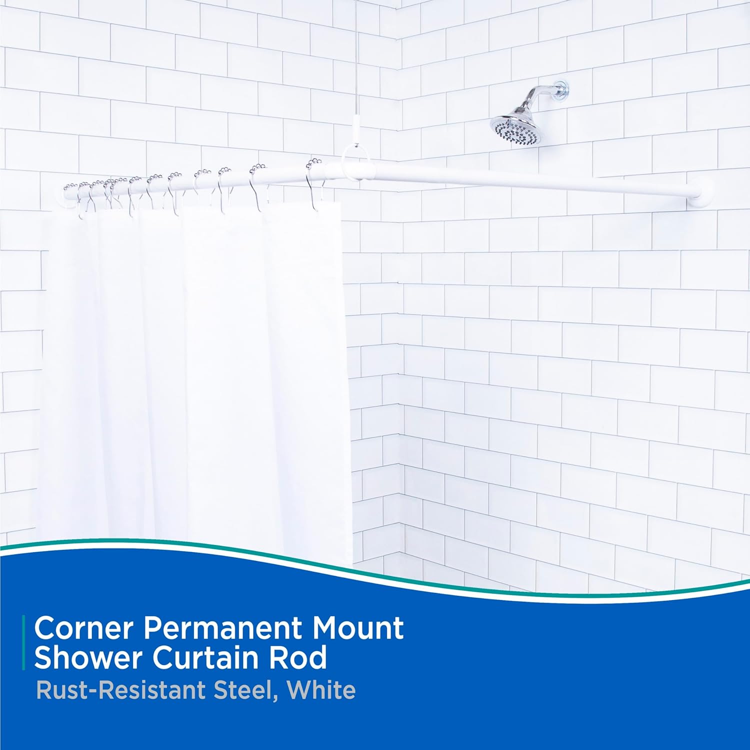 Kenney KN61423 Permanent Mount Corner Stall Shower Curtain Rod, 36" x 36" Fixed Length, White Finish, 1" Diameter Rust Resistant Steel Tubes
