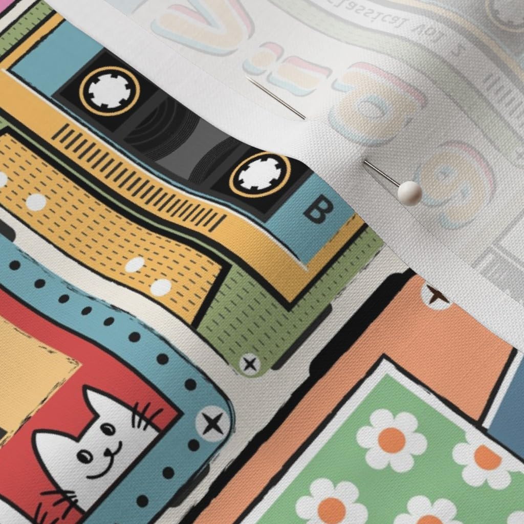 Spoonflower Fabric - Vintage Retro Music 80S 90S Hipster Tape Cassette Modern Colorful Mix Printed on Petal Cotton Fabric Fat Quarter - Sewing Quilting Apparel Crafts Decor