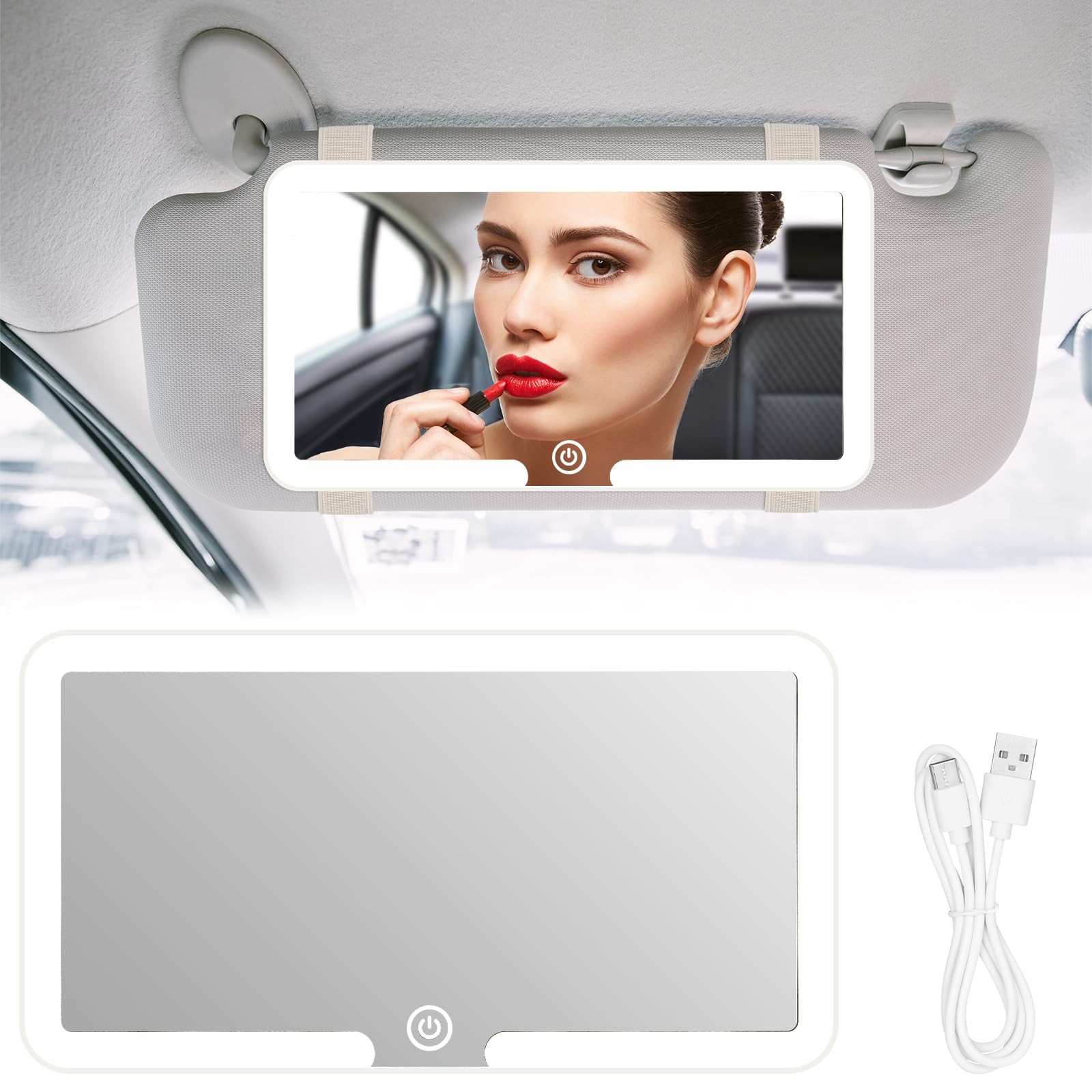 JIZZU Espejo Parasol Coche con 3 Modos de Luz, Espejo de Maquillaje para Coche Recargable, Espejo Cosmético Sombreado con Pantalla Táctil para Coches (Blanco)
