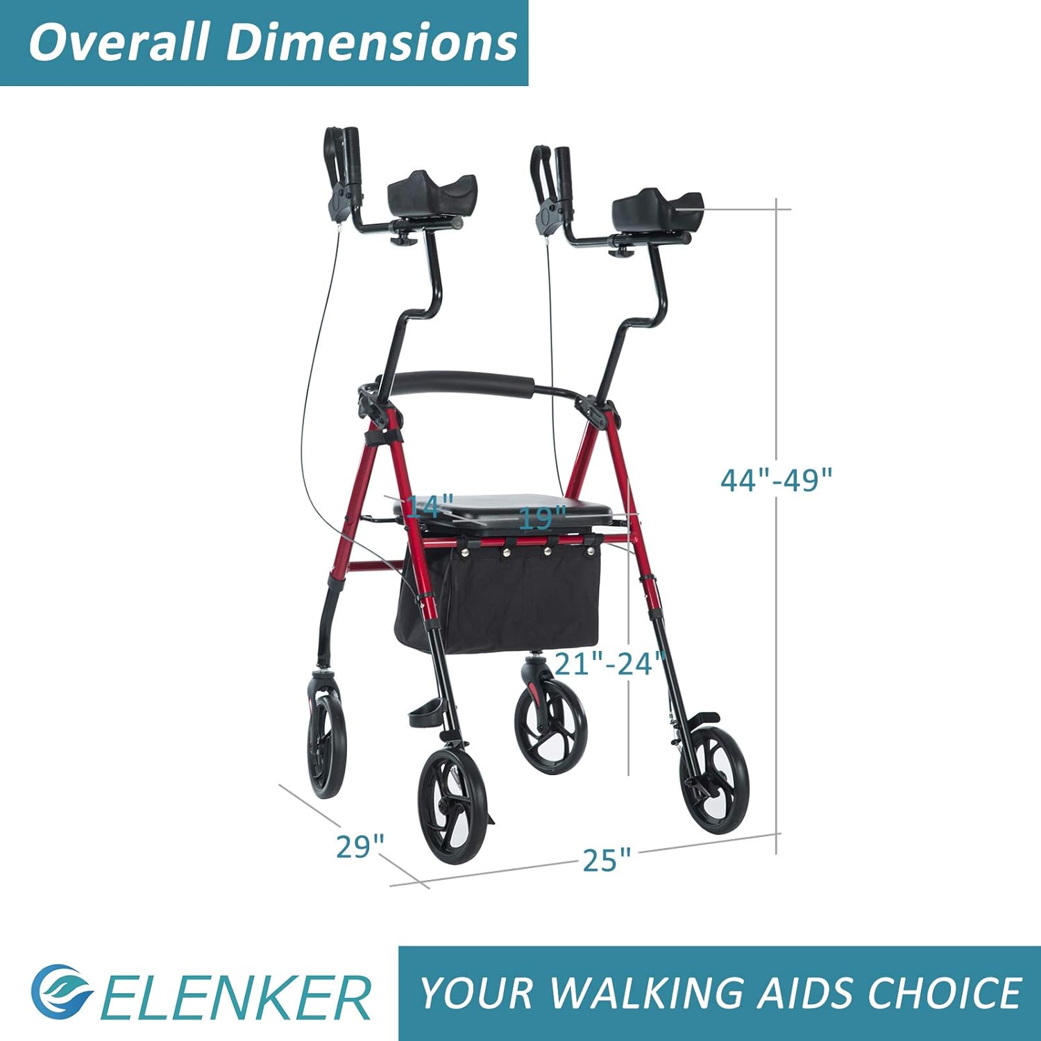 ELENKER Upright Walker, Forearm Rollator Walker Stand Up Rolling Walker with Padded Seat and Backrest for Seniors from 5’ to 5’11”, Red : Health & Household