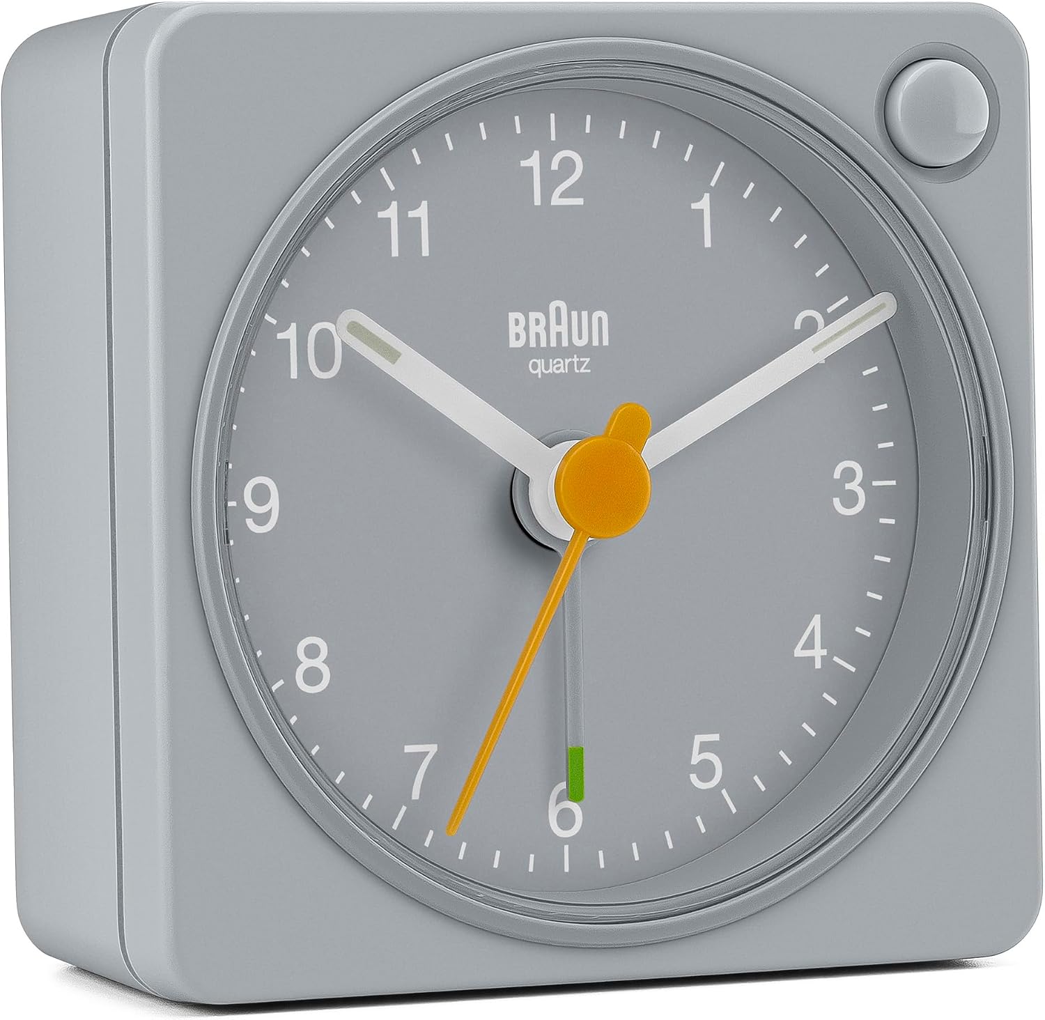 Braun Classic Travel Analogue Alarm Clock with Snooze and Light, Compact Size, Quiet Quartz Movement, Crescendo Beep Alarm in Grey, Model BC02XG