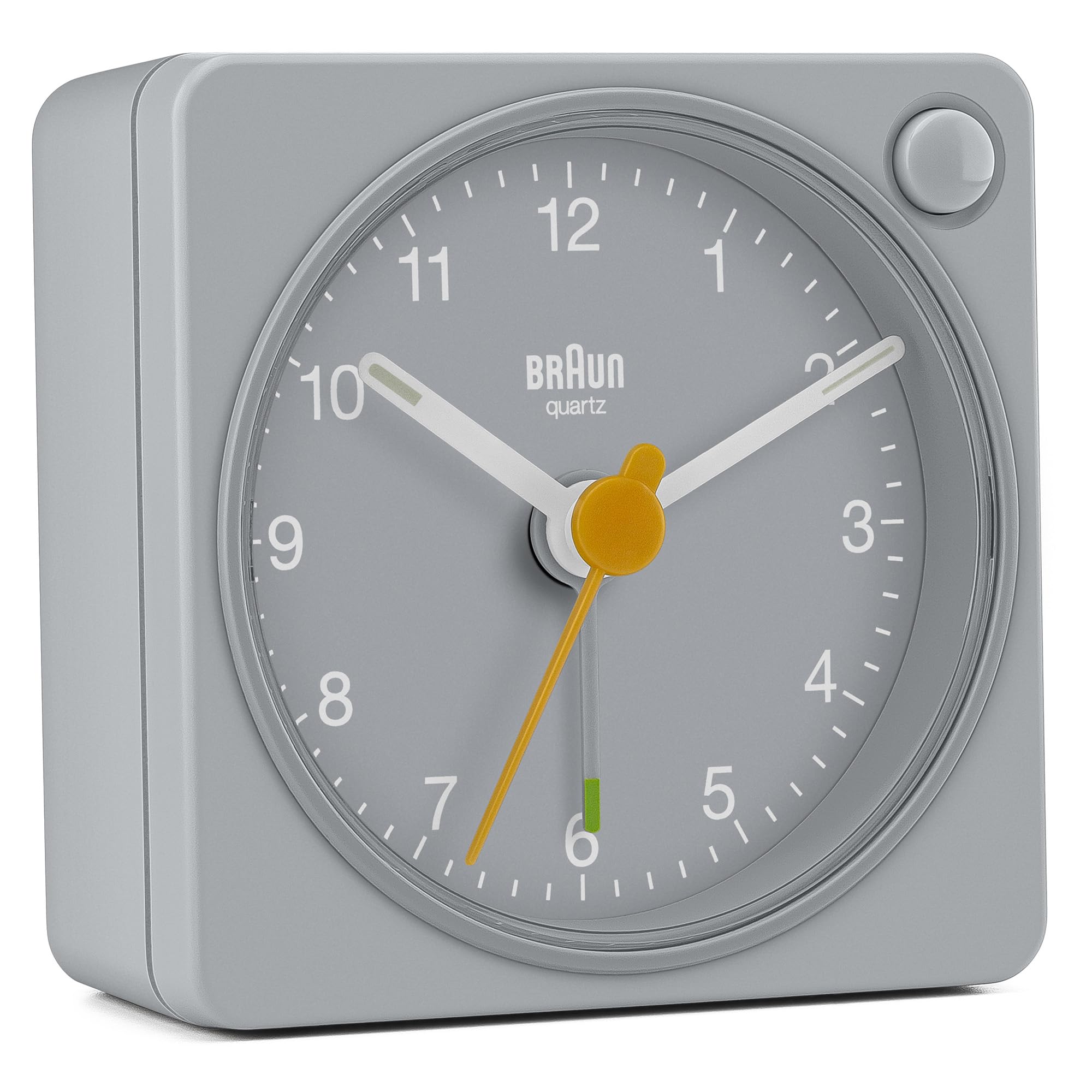 Braun Sveglia analogica Classic da viaggio con snooze e luce, dimensioni compatte, movimento al quarzo silenzioso, allarme sonoro in crescendo, grigio, modello BC02XG.