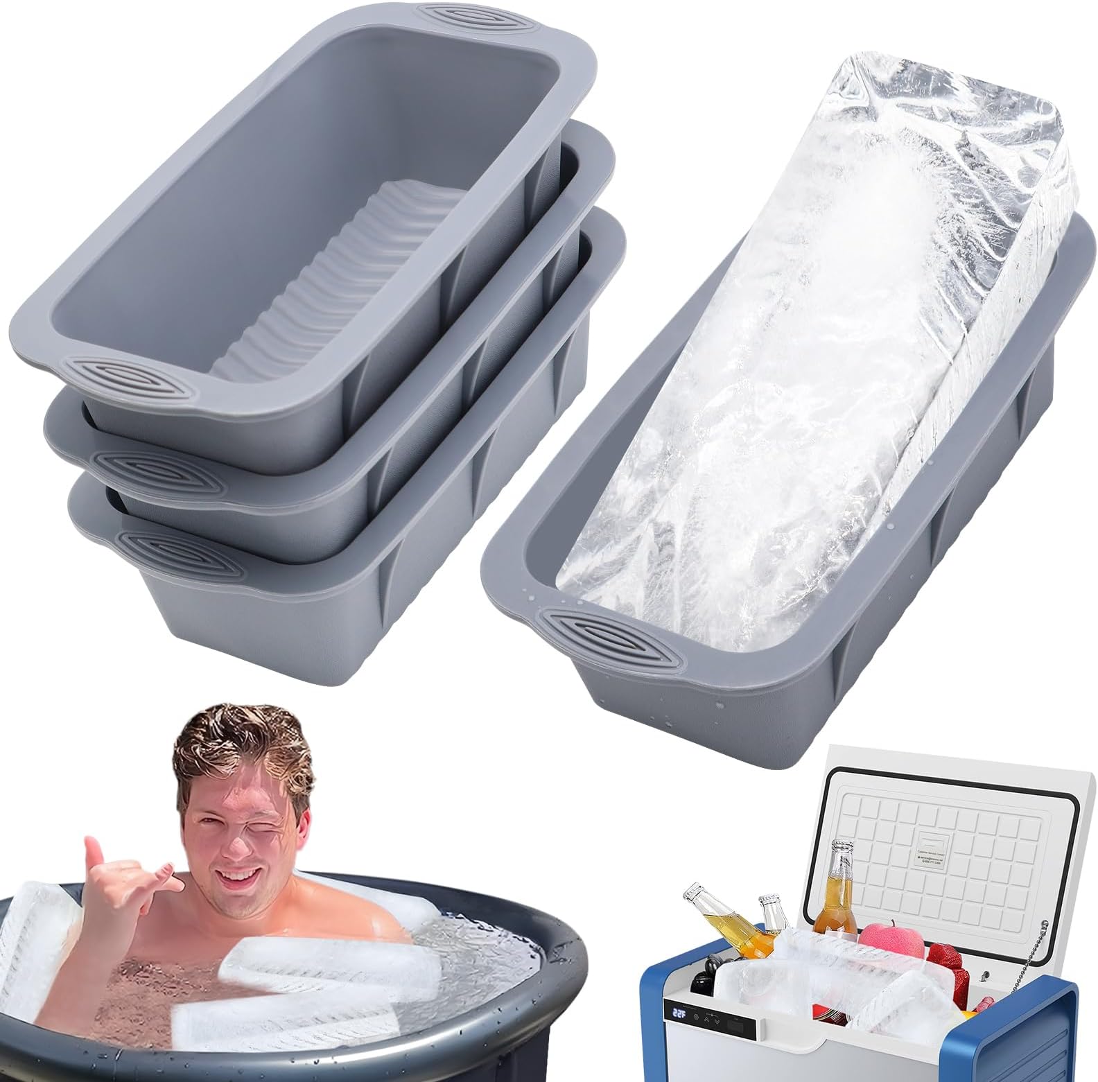 Large Ice Block Mold, 4 Pcs Silicone Ice Cube Molds, Total 9.6 Lb Ice Block for Cold Plunge or Coolers, Ice Molds for Ice Bath, Reusable Ice Cube Tray