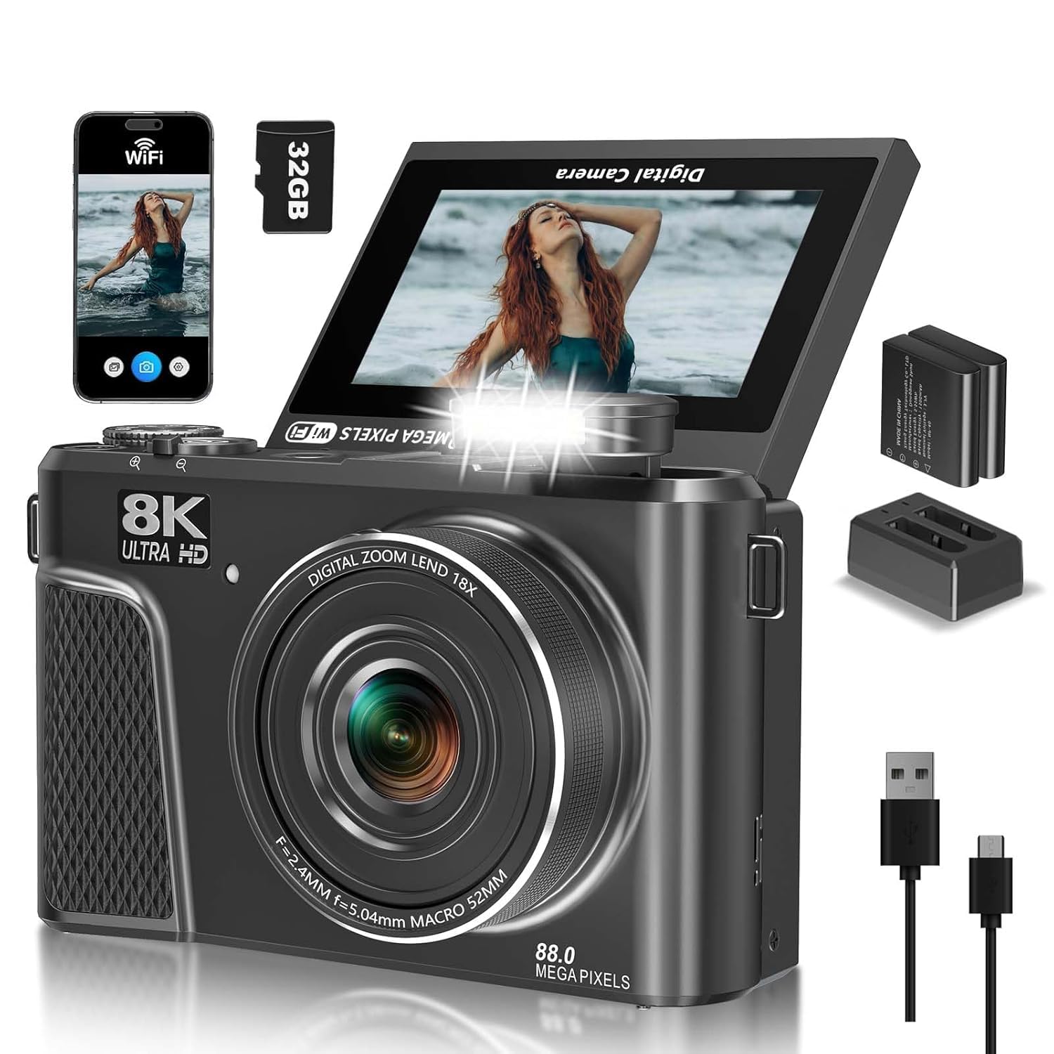 8K Digital Camera, 88MP Vlogging Camera for YouTube/Photography with 3" 180° Flip Screen, Fill Light, WiFi, Filters, Beauty Features Includes 32GB SD Card & 2 Batteries